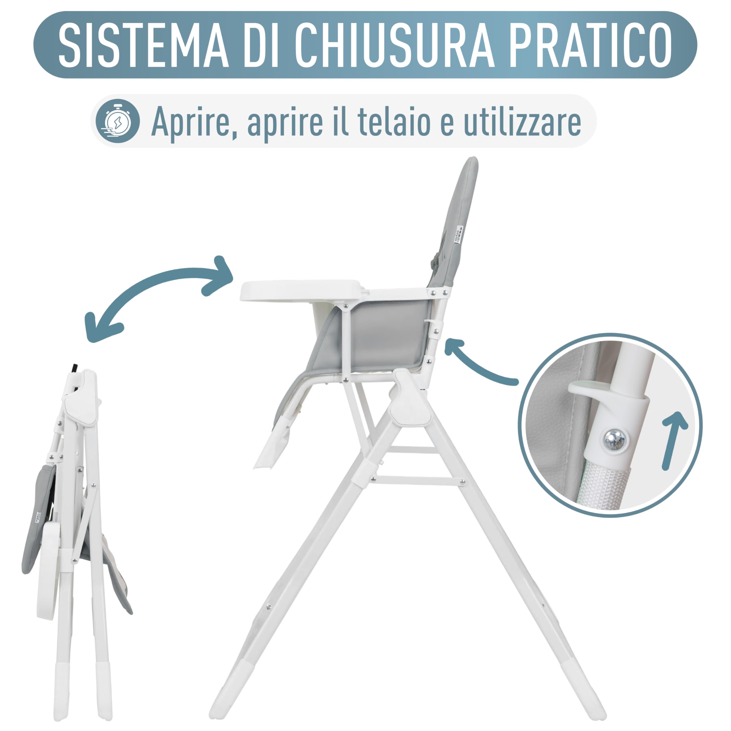 IB STYLE Seggiolone Pappa Leno - Seggiolone Pieghevole e Salvaspazio, Evolutivo con Vassoio e Poggiapiedi, Cintura a 5 Punti, Seduta Imbottita, Facile da Pulire, da 6 Mesi a 3 Anni (15 kg), Grigio