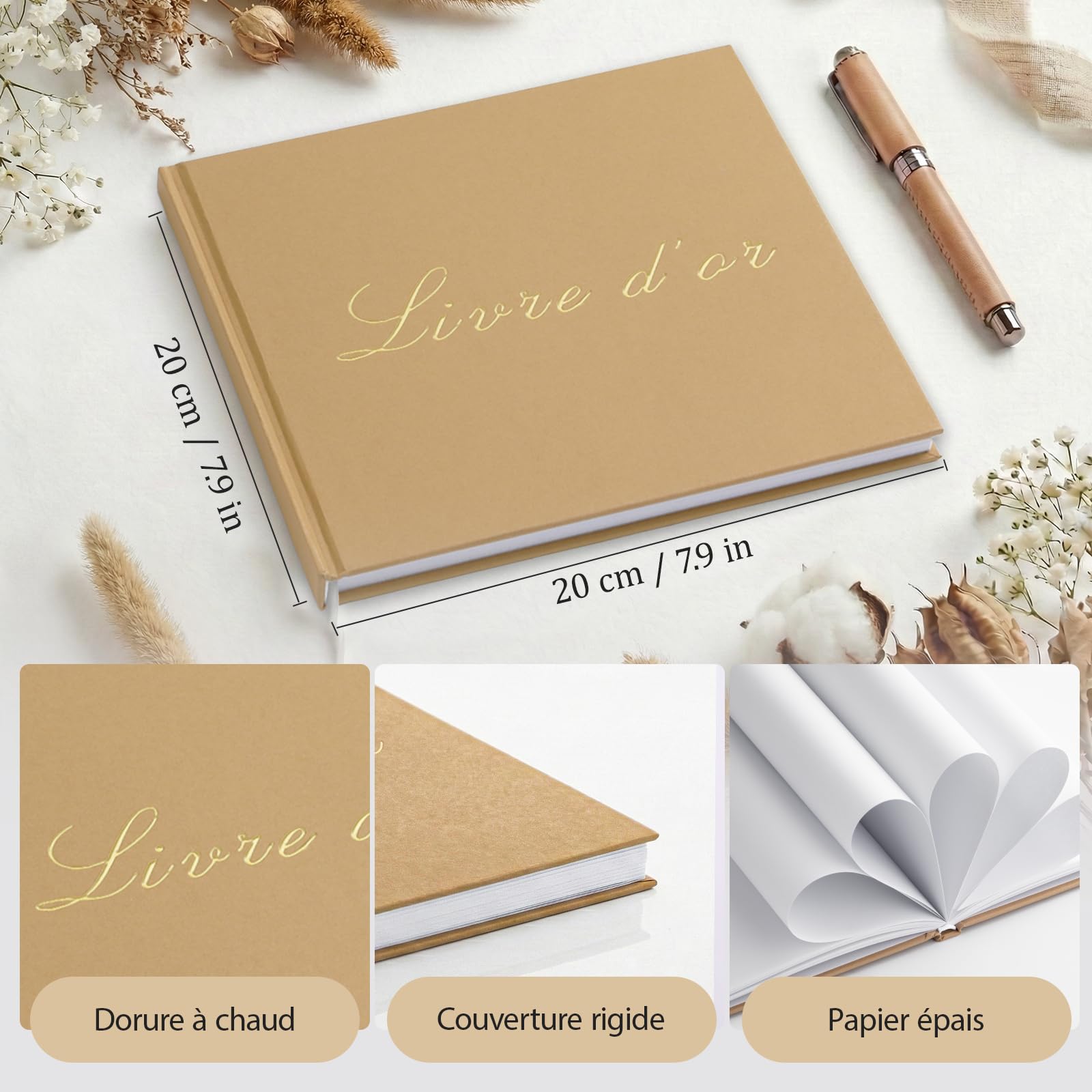 Livre d’or Kraft 20×20 cm Dorure Vintage Papier Épais Anti-Transfert Reliure Rigide Avec Chevalet et Cartes