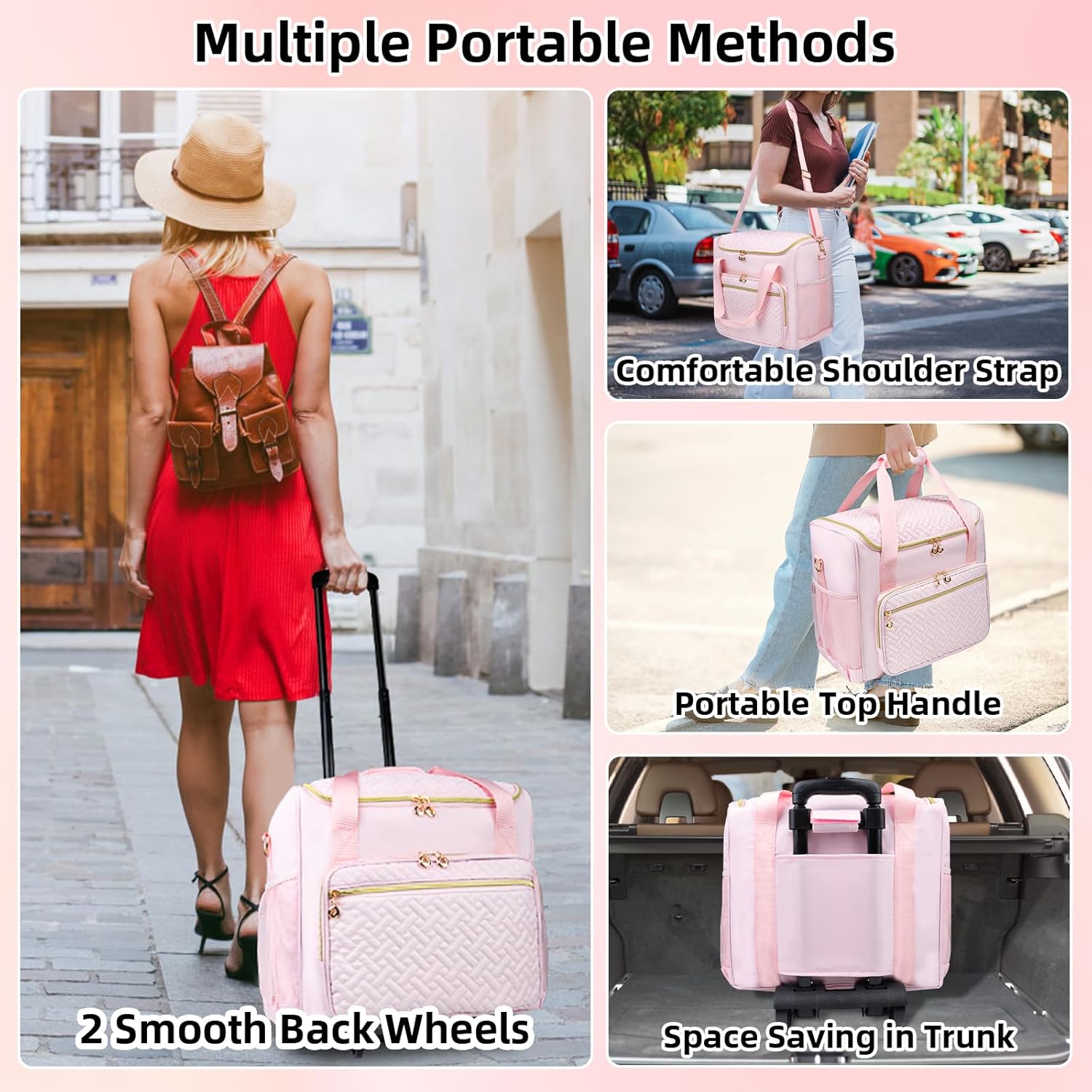 Rolling Teacher Tote Bag with Detachable Trolley, Wheeled Teacher Bag with 15 Inch Laptop Compartment, Soft Nylon Multifunctional Tote Bag with Wheels for Teaching& Office Supplies (Pink)