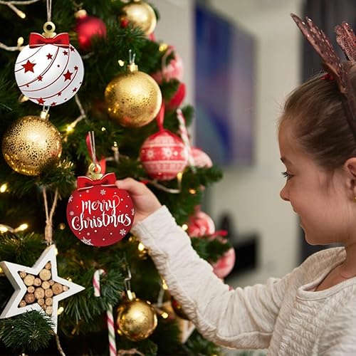 Miniatura 6 de Juego de 12 adornos de madera colgantes con diseño de bolas de Navidad rojas y blancas, decoraciones festivas de árbol de vacaciones de invierno con