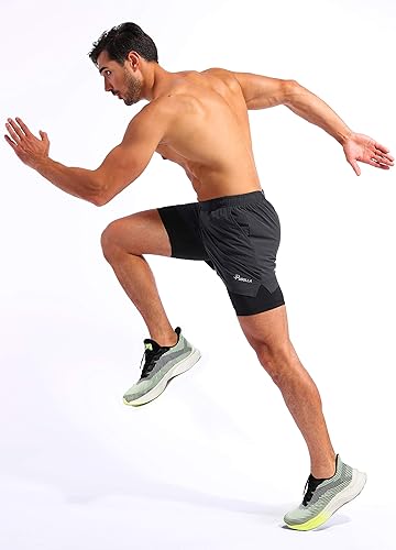 Vista 6 de Pudolla Mens 2 in 1 Running Shorts 5" Quick Dry Gym Athletic Workout Shorts for Men with Phone Pockets