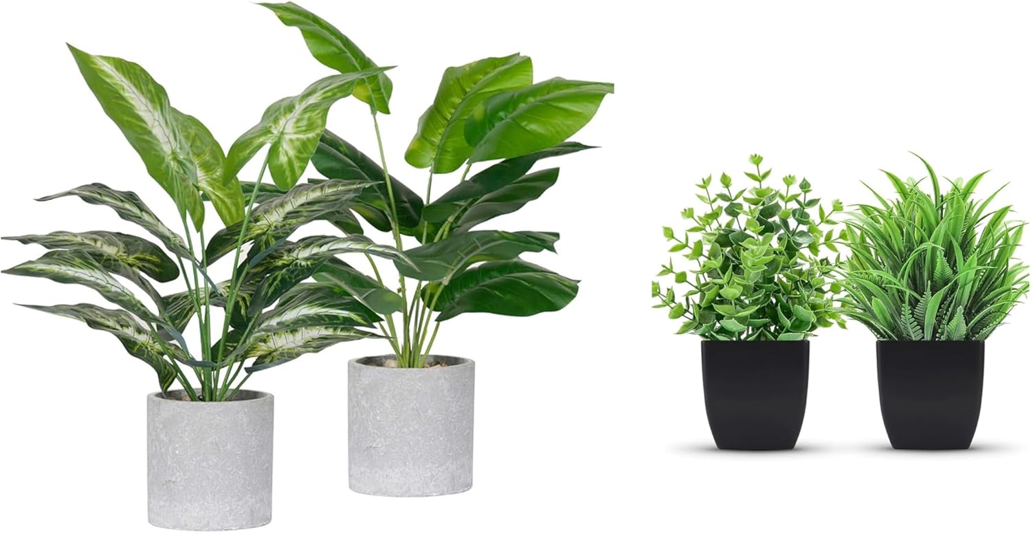 Der Rose Bundle of 2 Pack Fake Plants and 2 Packs Small Artificial Potted Plants for Home Desk Bathroom Decor Indoor