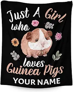 Personalized Guinea Pig Blanket Gifts with Name - 60x80 Inches Cute Throw for Girls - Black Soft Fuzzy Blankets for Bed, Couch & Living Room