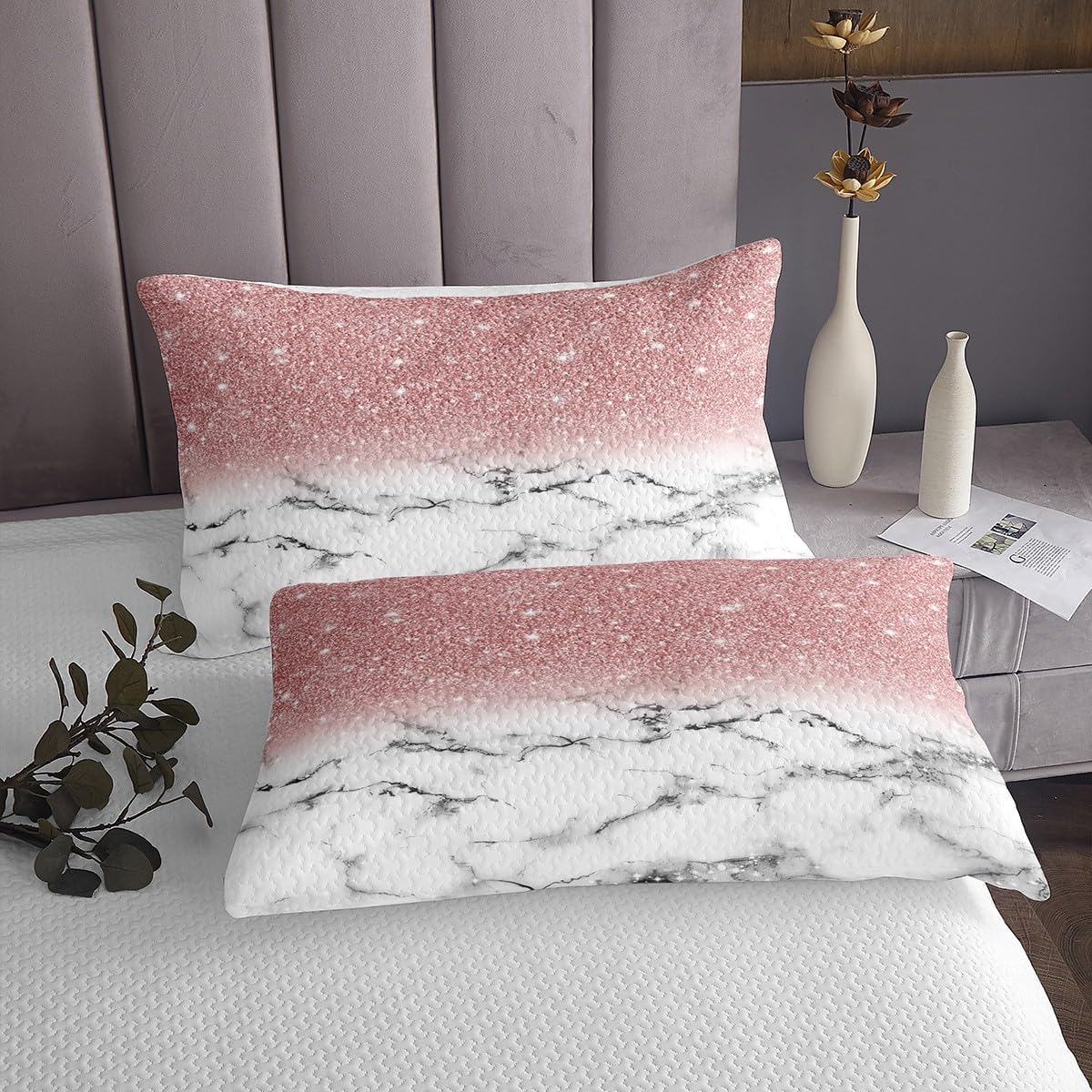 Feelyou Girls Marble Bedspread Twin Size Gradient Glitter Kids Coverlet for Boys Girls Women Girly Pink Grey White Marble Ombre Quilt Set Modern Marble Aesthetic Quilted Bedroom Decor