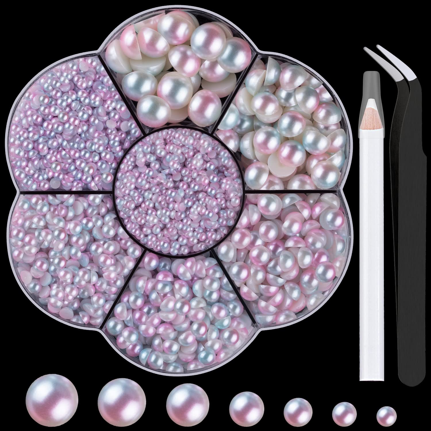 Nail Art Flat Back Half Round Pearl Kits 20, 1 Box of 6000 Pcs Flat-Back Pink Mermaid Pearl with Tweezer and Picker Pencil for Home DIY Nails Body