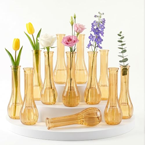 12 Pcs Gold Ribbed Glass Bud Vases for Centerpieces 8.5 Inch | Small Flower Vases Bulk for Centerpieces Home Decor Parties DIY Arrangements Roses