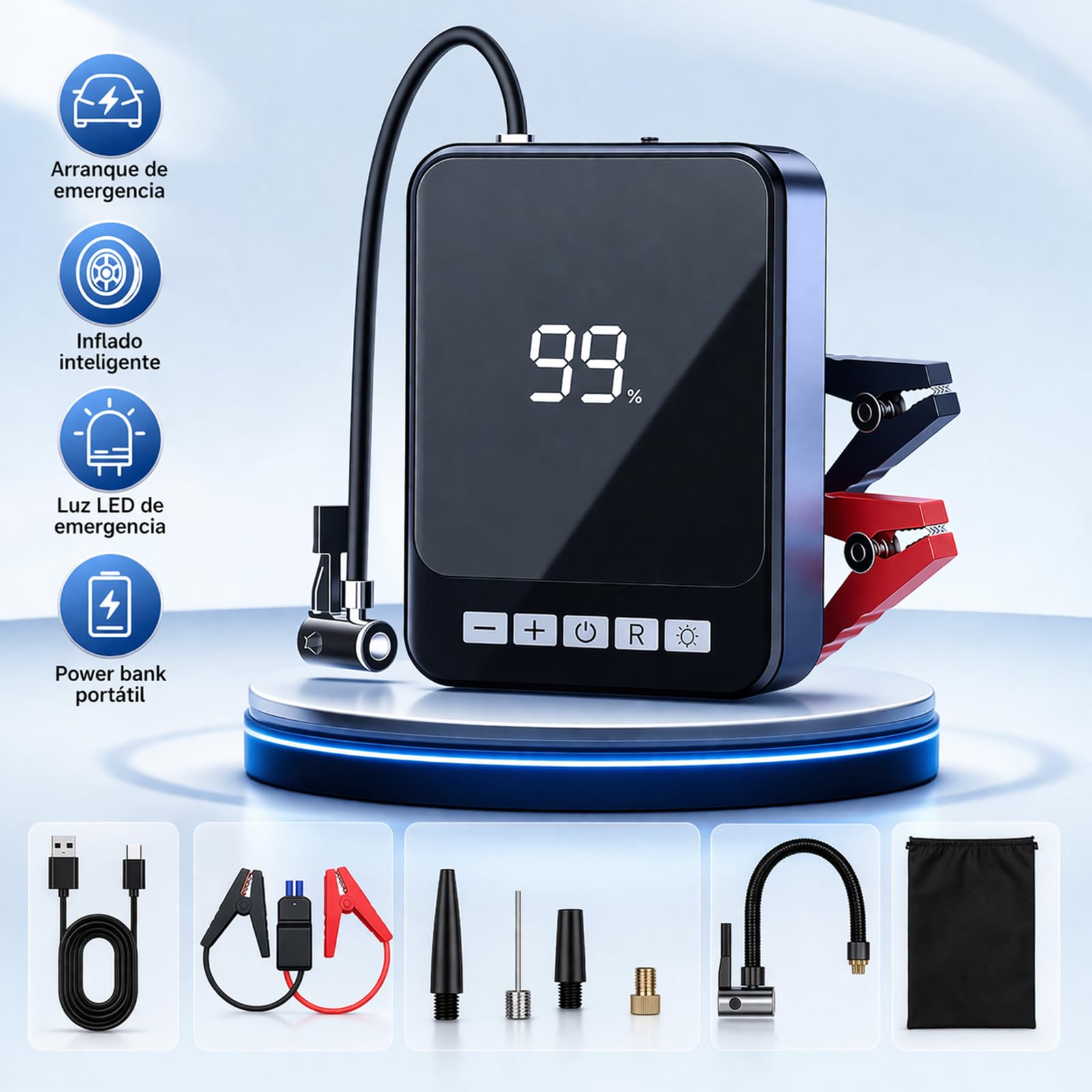 Arrancador de Batería de Coche 1000A con Compresor de Aire 150 PSI -Jump Starter 12V e Inflador de Neumáticos Portátil 60W, Pantalla LCD, Batería Externa y Luz LED SOS para Coche,Moto y Bici