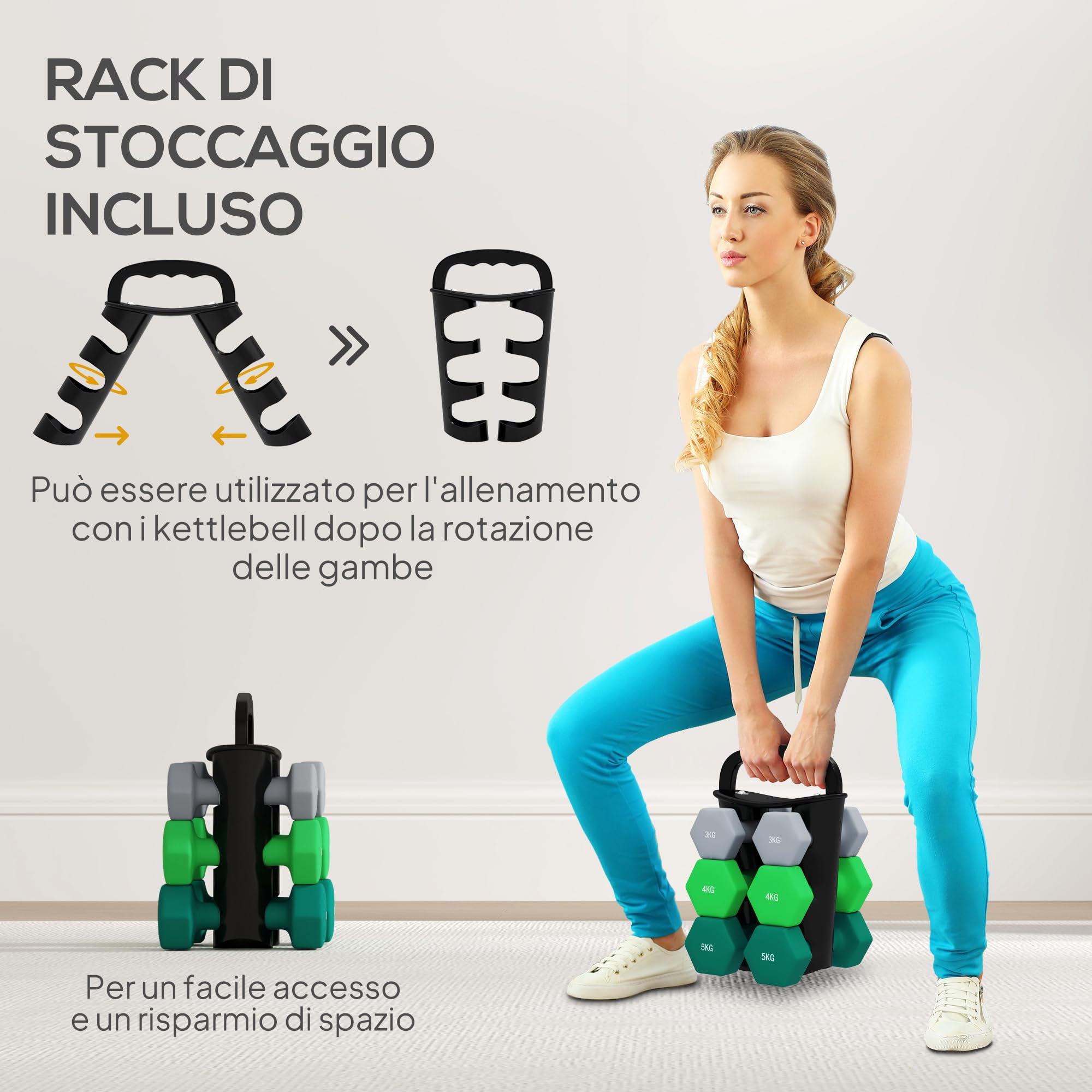 SPORTNOW Juego de mancuernas de gimnasio con soporte plegable, mancuernas para gimnasio hexagonales de metal con mango, entrenamiento fitness en casa, multicolor