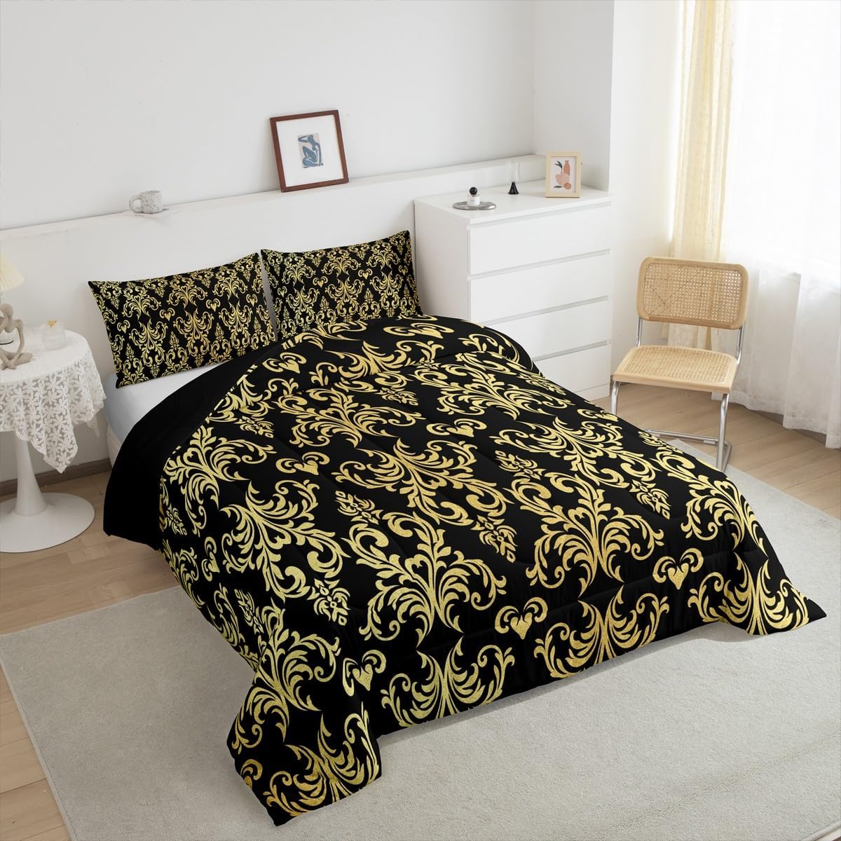 Feelyou Jacquard Bedding Set Full Size Floral Comforter Set for Adult Boys & Girls,Boho Damask Duvet Set,Black & Gold Quilt Set,3Pcs