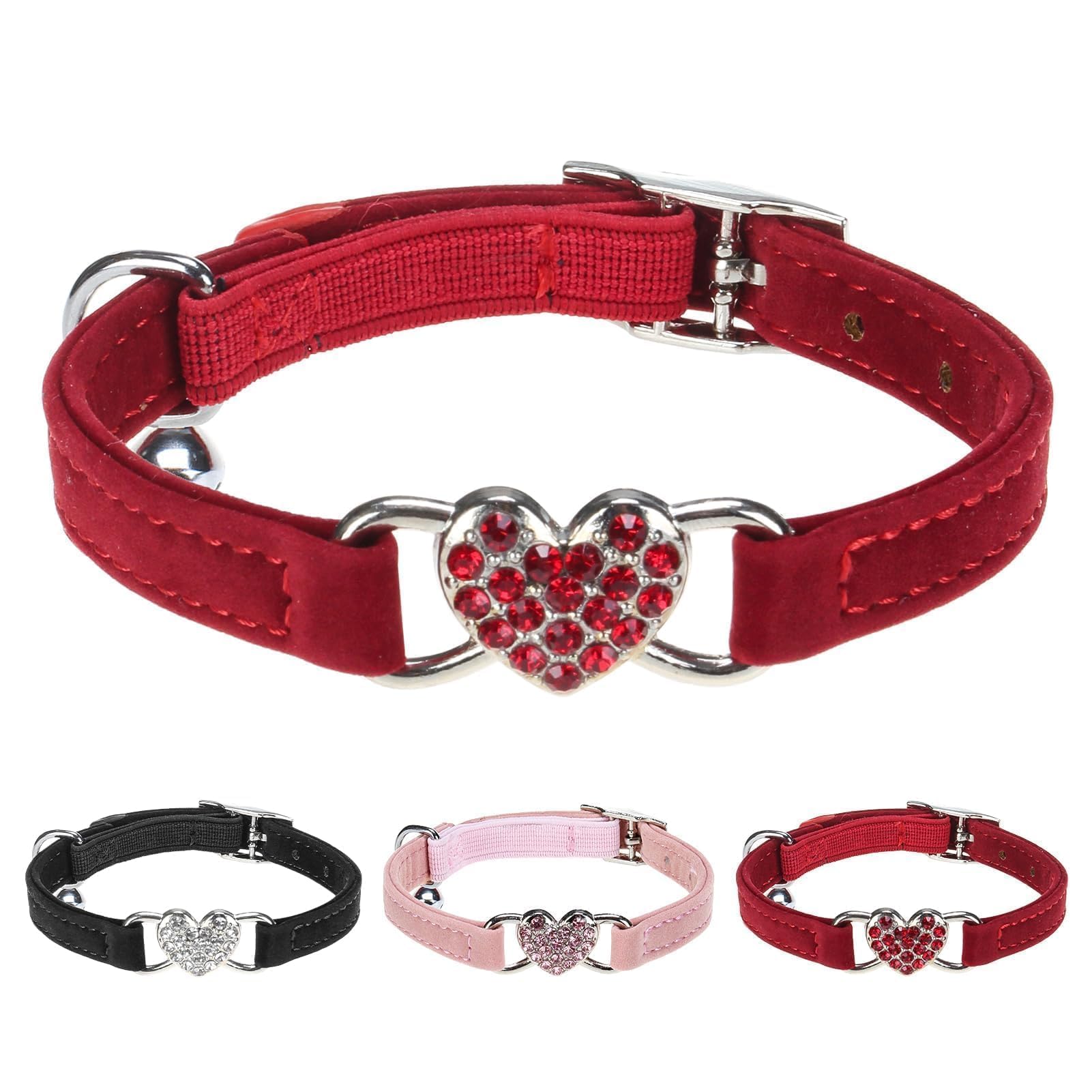 BINGPET Diamond Cat Collar,Adjustable Soft Velvet Leather Safe Kitten Collar with Crystal Heart Charm and Bells,Girl Boy Breakaway Bling Stylish Cat Collars for Small Medium Cats（Red）