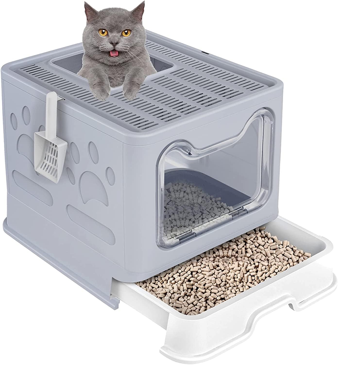 Foldable Cat Litter Box with Lid, Isolate Odors?Enclosed Cat Potty, Top Entry Anti-Splashing Cat Toilet, Easy to Clean Including Cat Litter Scoop and 2-1 Cleaning Brush Large (Light Gray)