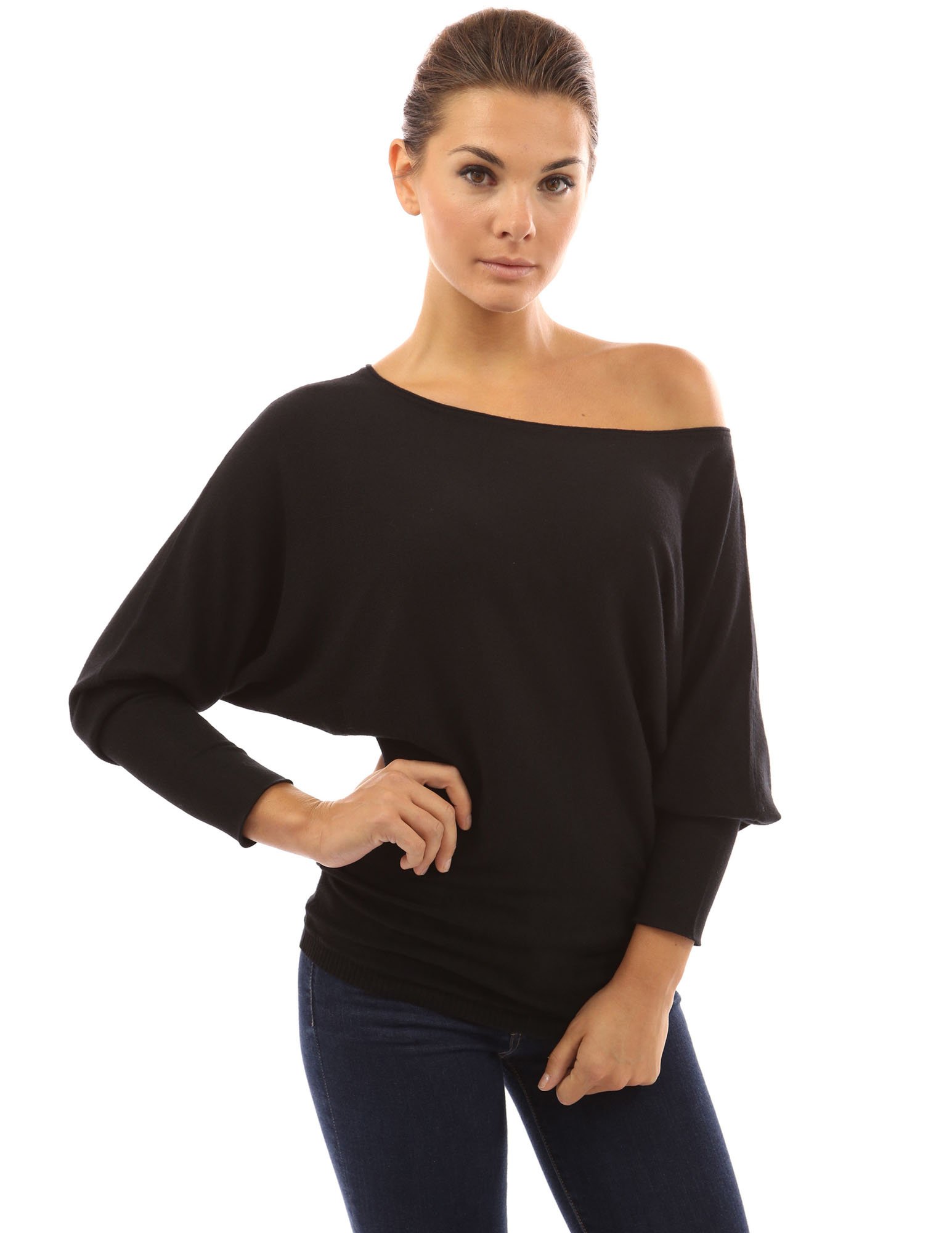 PattyBoutik Women One Shoulder Batwing Sweater Knit Top (Black Large)