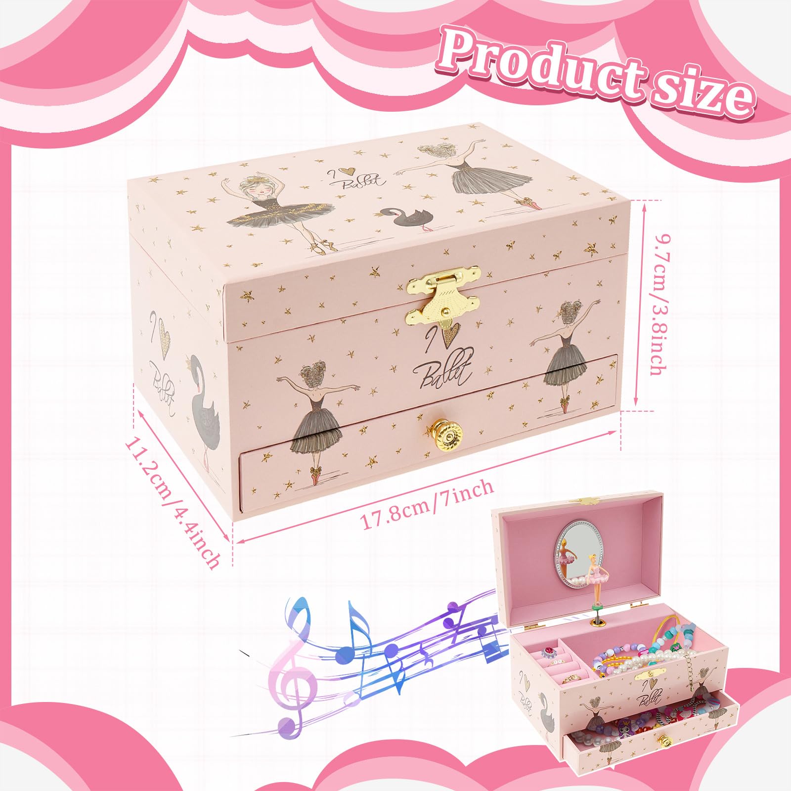 Joyero niña Joyero musical para niños, caja de música con unicornio giratorio, para niñas y niños, con espejo, regalo de cumpleaños (niña de ballet rosa y negro)