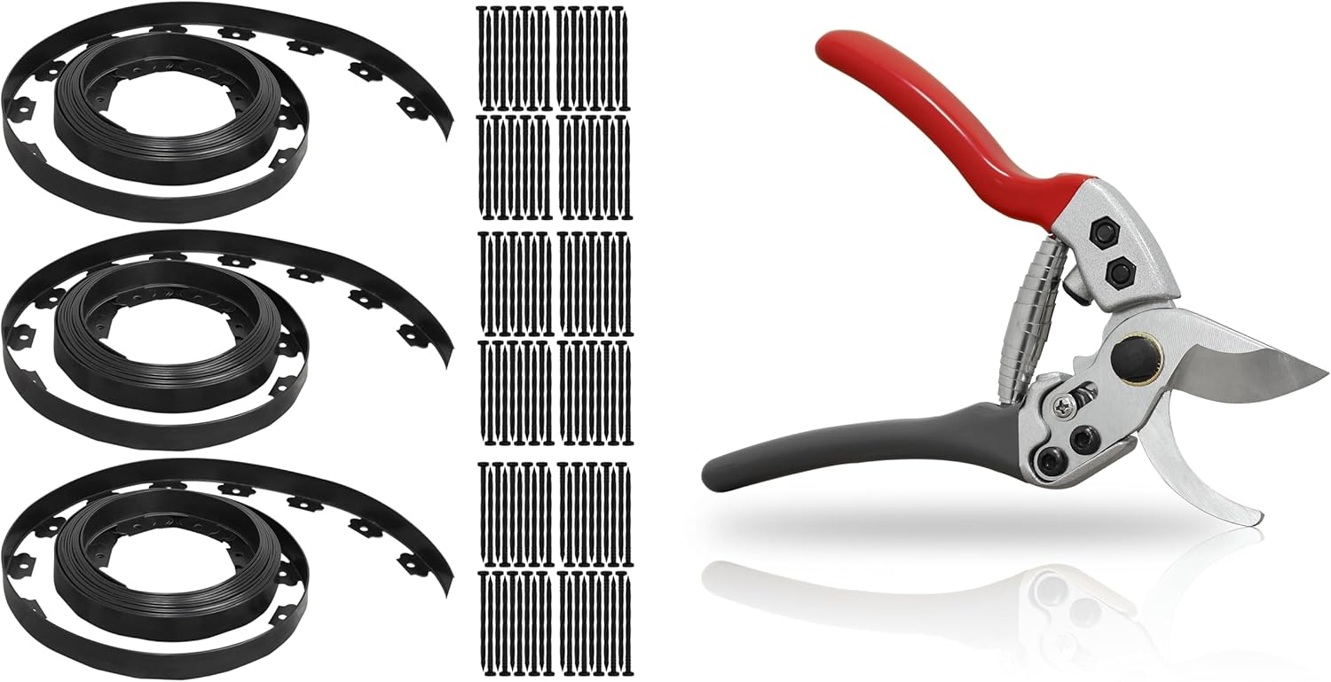 Gardzen Landscape Edging and Pruning Shear Bundle: 1.5" x 100' No Dig Border Kit with 120 Spikes & 8" SK5 Steel Bypass Pruner with Blade Lock for Garden Installation and Maintenance