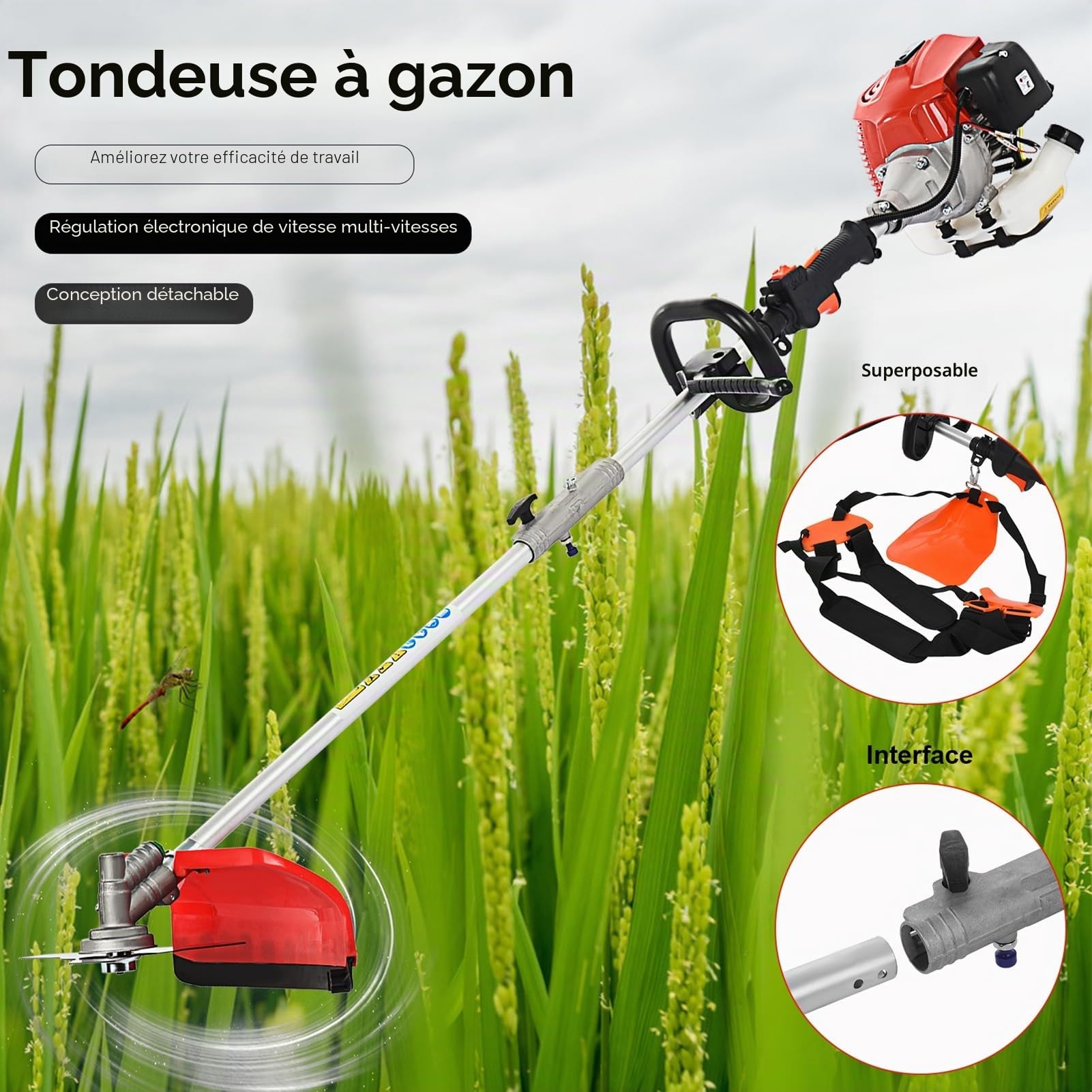 52cc Débroussailleuse, Débroussailleuse Thermique, avec kit de sécurité Complet, Tondeuse Professionnelle 5 en 1 pour l'entretien intensif du Jardin, Les Branches épaisses et Les Haies denses