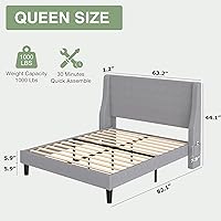 Vista 2 de VECELO Base de cama Queen con estación de carga, puertos tipo C y USB, cama de plataforma tapizada con cabecera de almacenamiento con respaldo