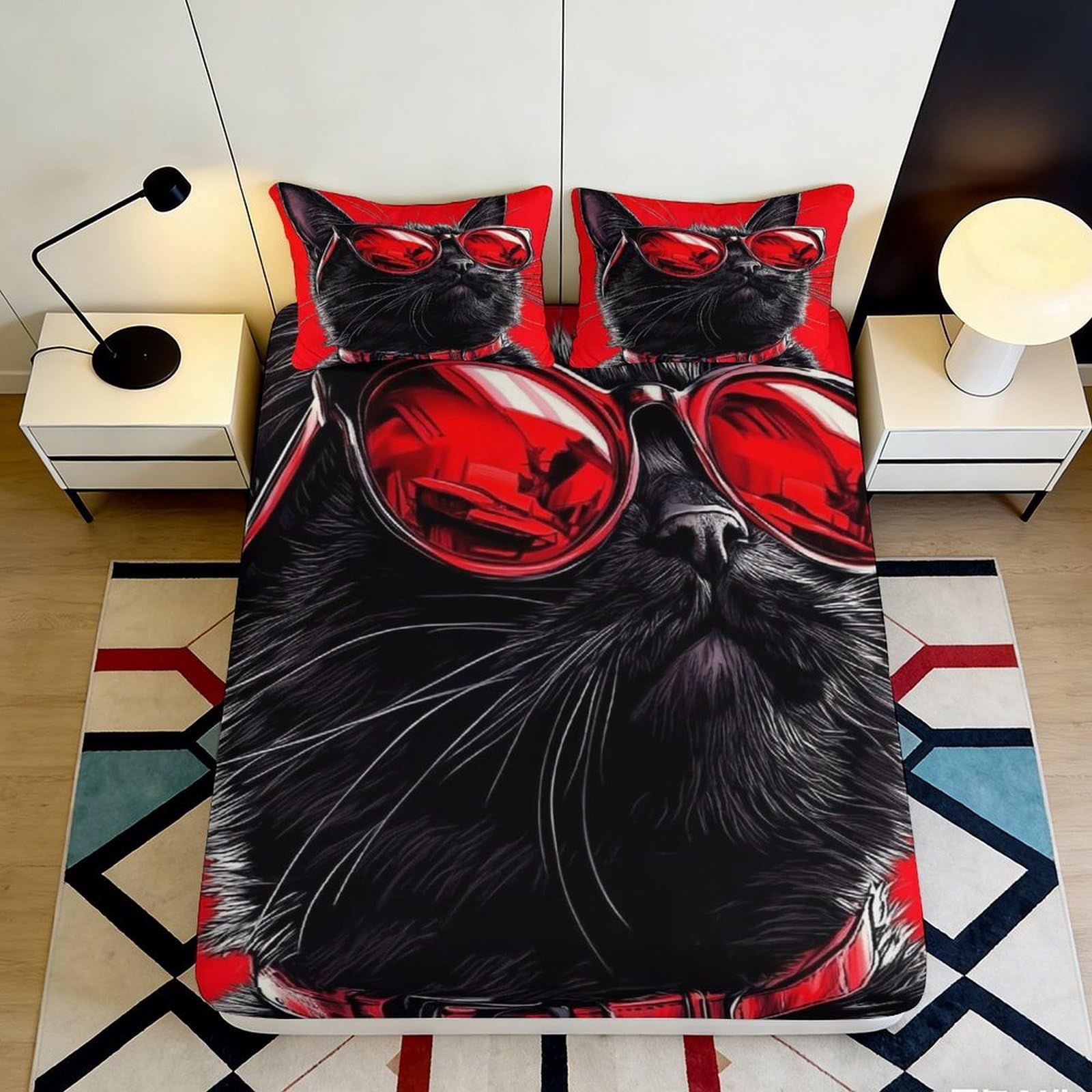 3D Printed Cool Cat Sunglasses Fitted Sheet Microfiber Soft Red Black Bed Sheet for Bedroom Dorm Guest Room 90x200x25cm
