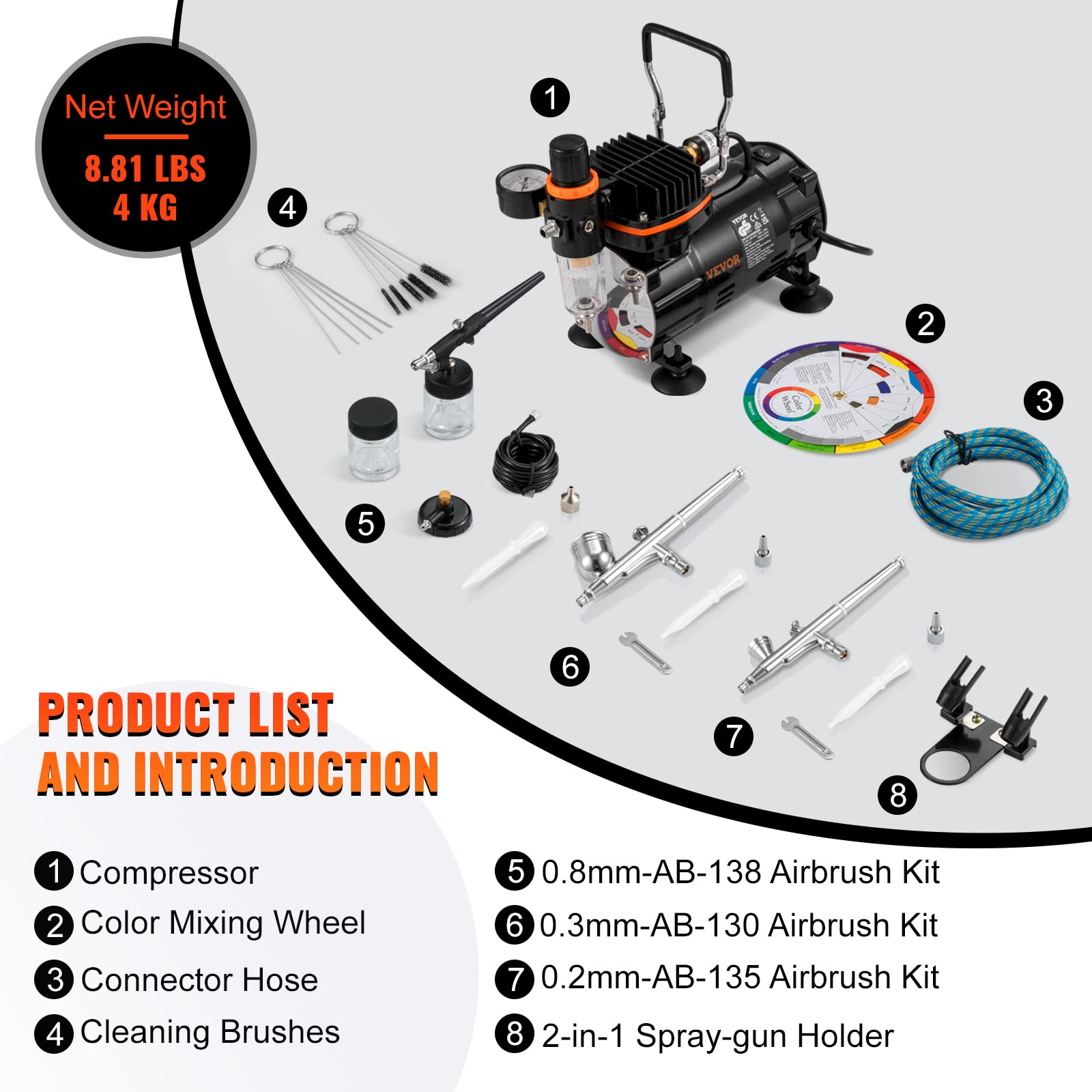 VEVOR Kit Compressore a Doppia Azione Potenza 120 W, Pistola Aerografo Velocità del Flusso da 18-23 L/min con Kit Aerografo da 0.2/0.3/0.8 mm, Adatto a Principianti, Studenti e Artisti Avanzati, ecc.