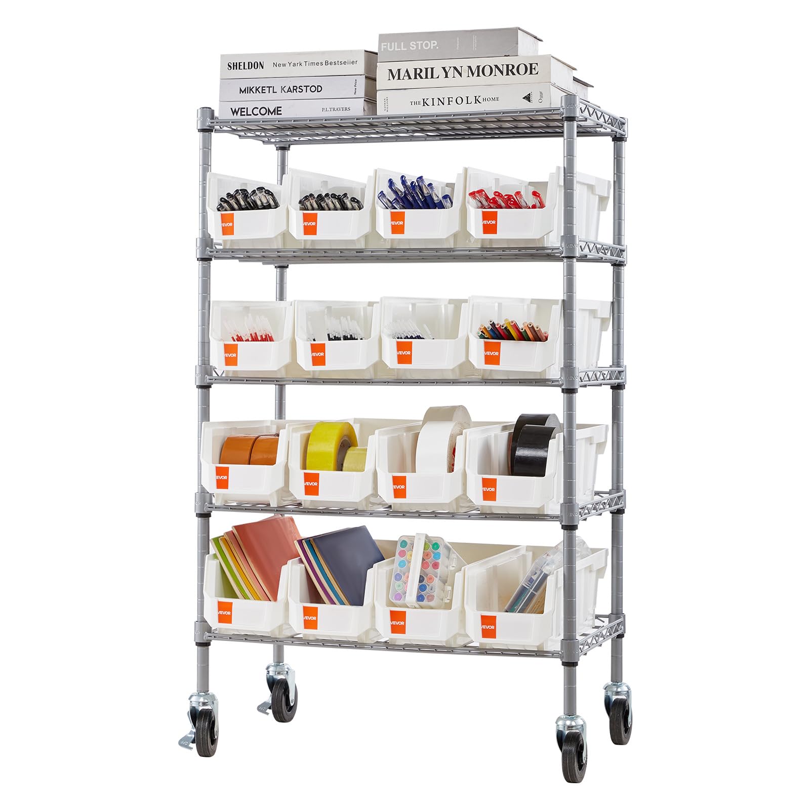 VEVOR Scaffale per Carichi Pesanti Portaoggetti con ruote a 5 Ripiani, 16 Contenitori Portaoggetti, Sistema di Scaffalature in Filo d'Acciaio, per Garage, Magazzino, Ufficio, Ristorante, Aula, Cucina
