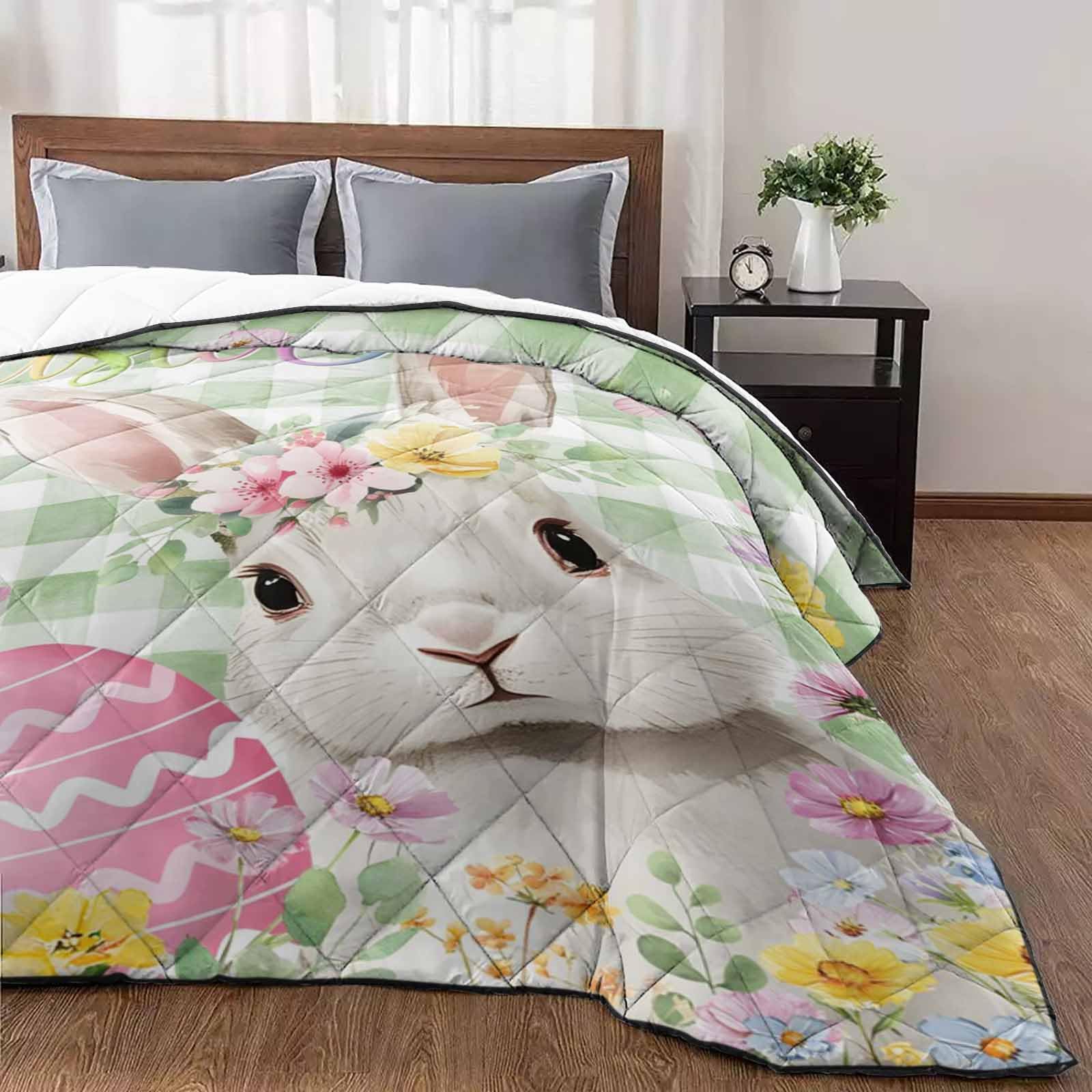 Easter Quilt Twin Luxury Quilted Comforter Bedspread-Thin Soft Cozy Rabbit Wreath Flower Spring Plaid Green Reversible Stitched Lightweight Quilt Coverlet for All Season