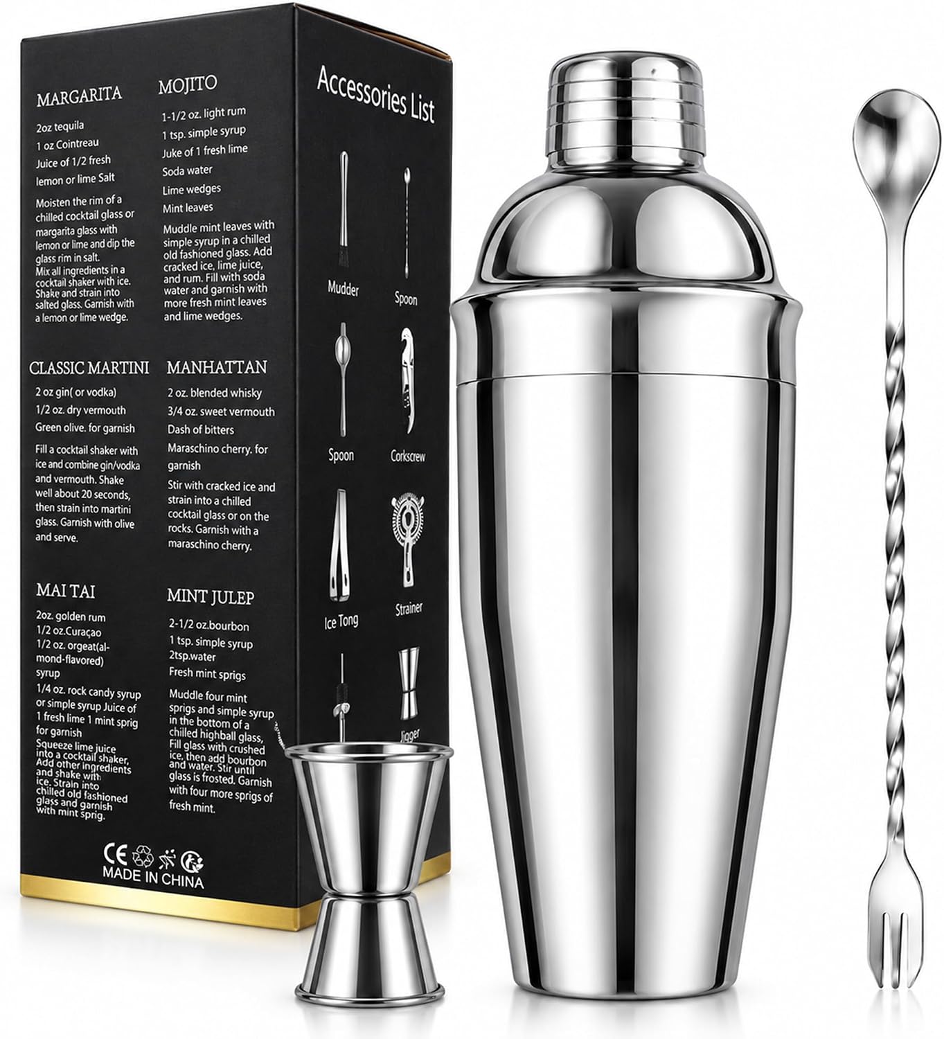 24-Ounce Cocktail Shaker Set, 316 High Quality Stainless Steel Shaker