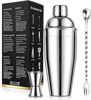 24-Ounce Cocktail Shaker Set, 316 High Quality Stainless Steel Shaker | Includes built-in strainer, jigger & mixing spoon, Cocktail Recipe Guide; ideal bar accessories for beginners and home bars