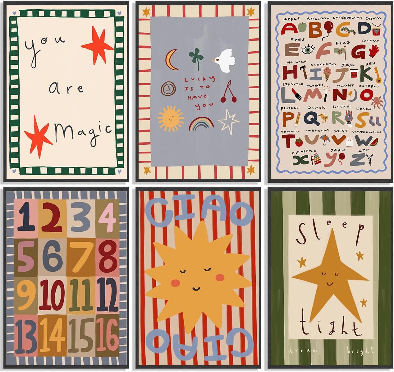 6Pcs Colorful Kids Room Wall Art Digital Letter Educational Wall Decor Prints Boho Colorful Stripes Paintings Artwork Star Sun Pictures for Nursery School Home Decoration 12x16in No frame