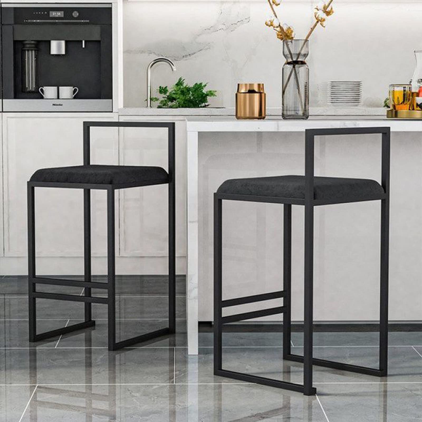 Tabourets de bar velours lot de 2 noirs de style scandinave avec dossier hauteur 66cm