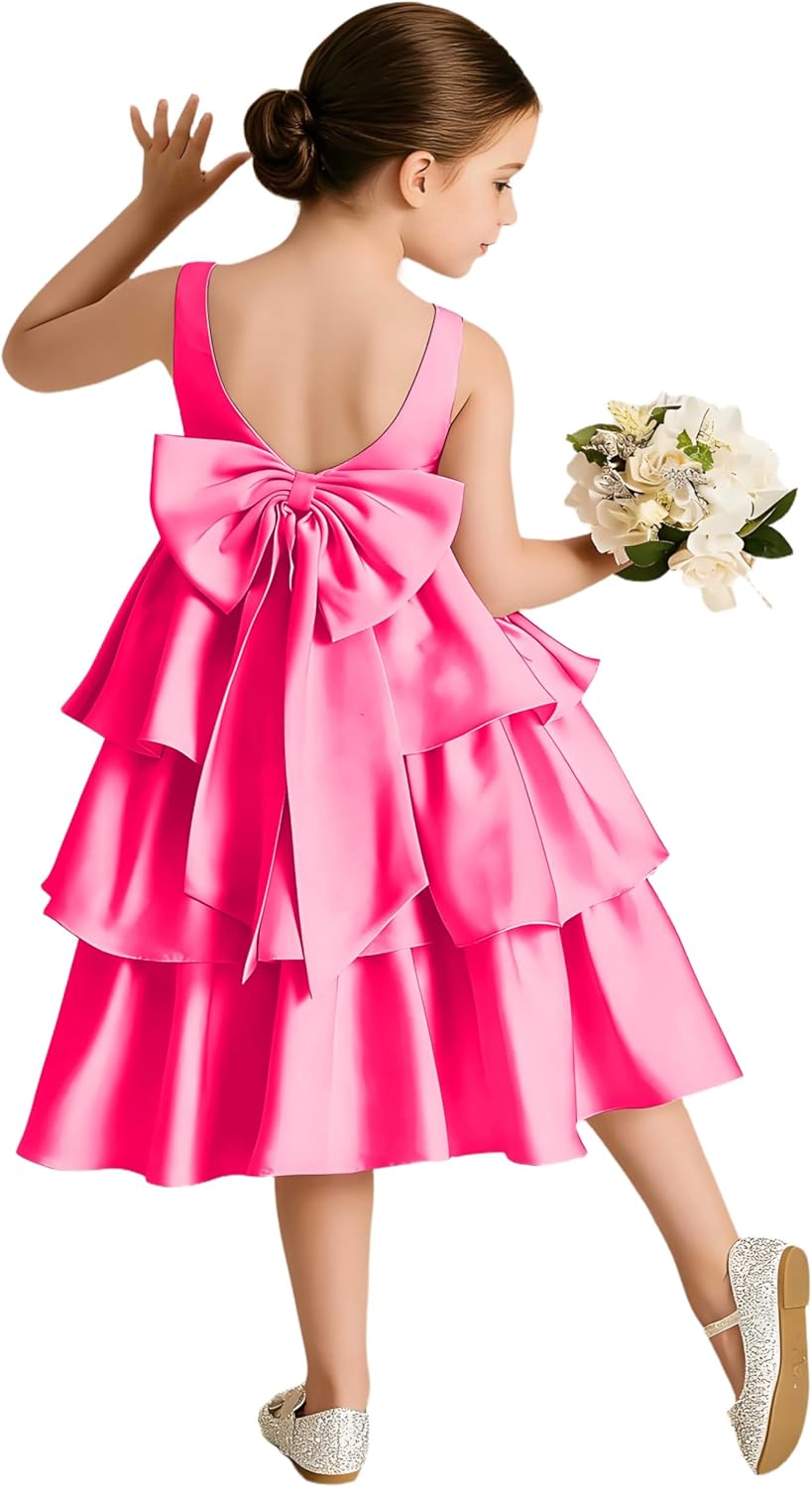 Tiered Flower Girl Dress for Wedding with Bow First Communion Dress for Girls Princess Pageant Dresses,JR011
