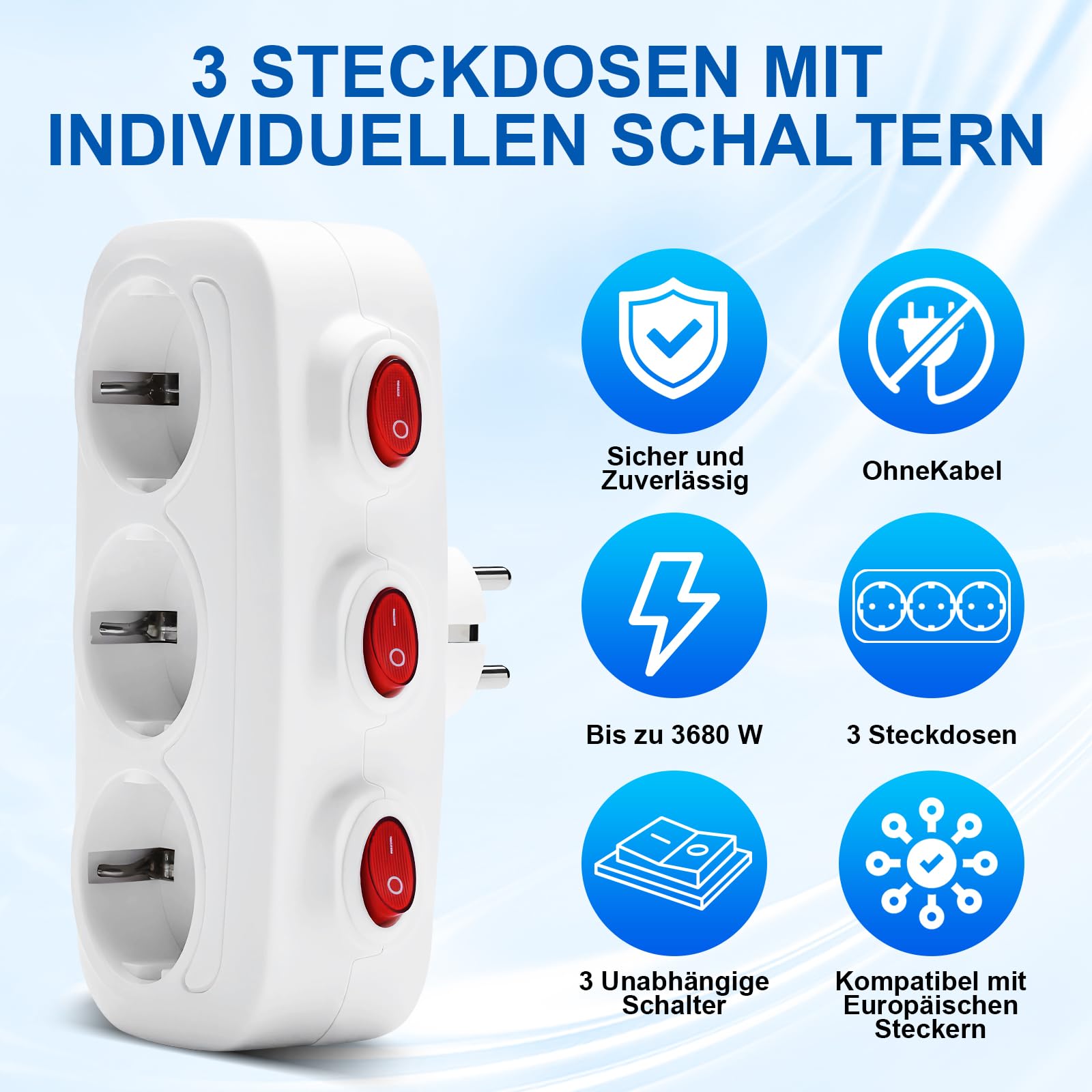 3-Fach Steckdosenleiste mit einzeln Schalter,16A/250V 3680W Steckdosenadapter mit Mehrfachstecker für Steckdosen - Mehrfachsteckdose mit Kindersicherung für Küche,Büro oder Heim,Weiß