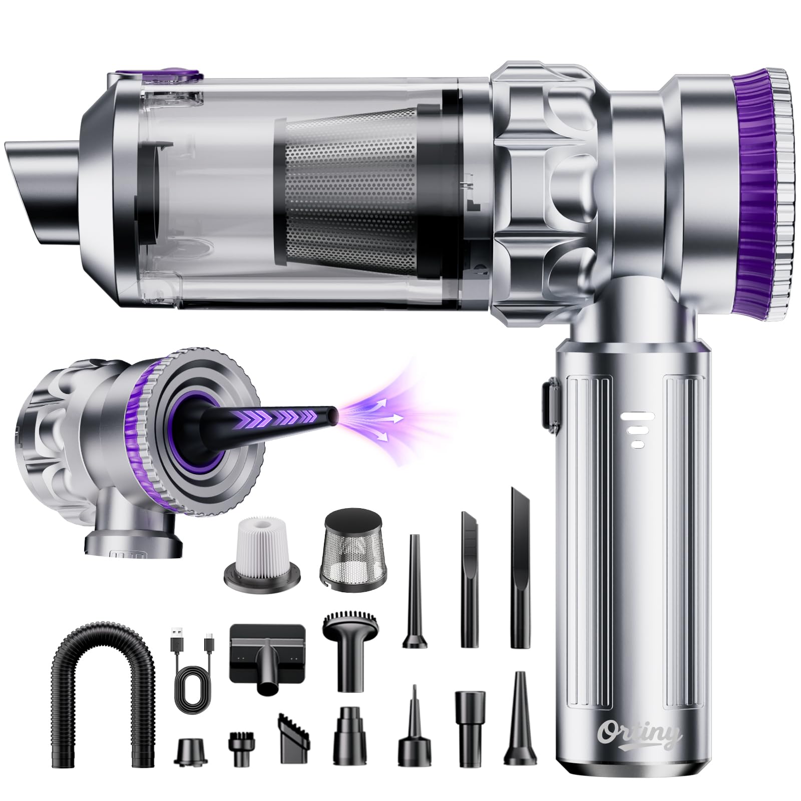 Ortiny Handstaubsauger, 28000Pa Autostaubsauger Kabellos Großer Staubbehälter mit 1-Knopf-Selbstentleerung, 4 in 1 Autostaubsauger Stark mit Bürstenlosem Motor, Mini Staubsauger für Auto, Haus, Küche
