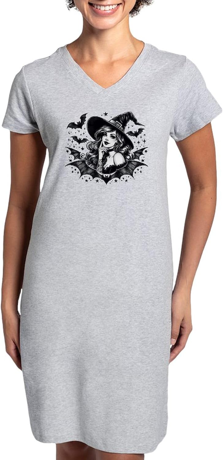 CafePress Batty Witch Women's Nightshirt, Soft Long Pajama Shirt, Cotton PJs/Pyjamas Heather Gray