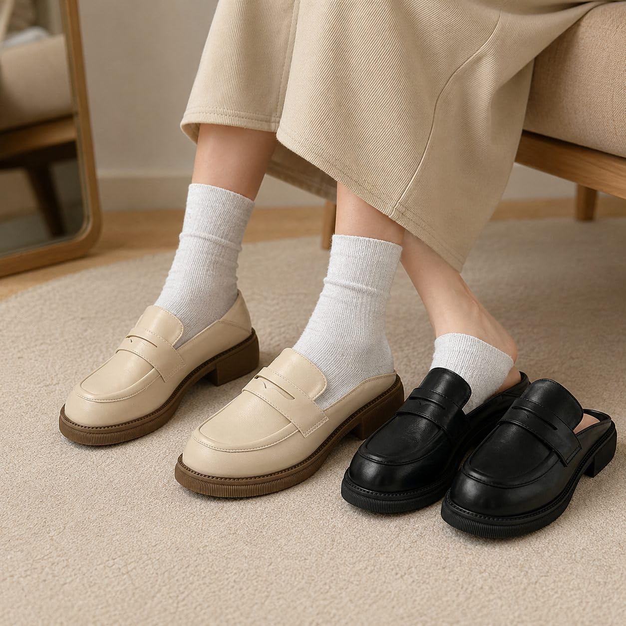 LVJMJ - Scarpe basse da donna con cinturino a T, borchie, tacco invisibile
