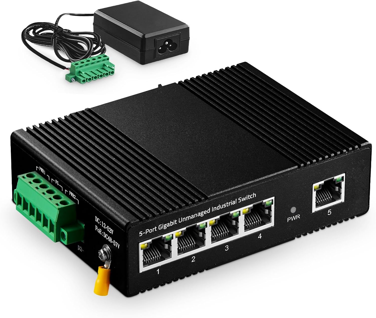 Binardat 5 Port Gigabit Din Rail Industrial Ethernet Switch, 4 Ports and 1 Uplink 10/100/1000Mbps, Fanless Wall Mount, with One Power Supply