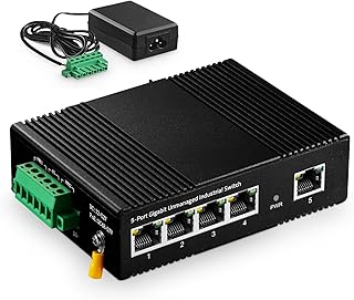 Binardat 5 Port Gigabit Din Rail Industrial Ethernet Switch, 4 Ports and 1 Uplink 10/100/1000Mbps, Fanless Wall Mount, with One Power Supply