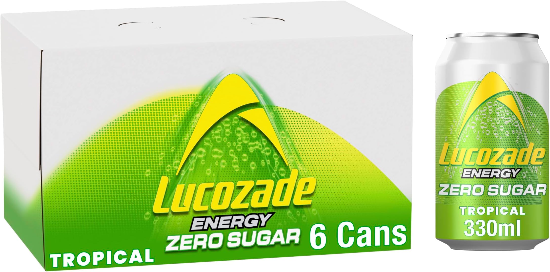 Lucozade Energy Zero Sugar Drink Tropical 330ml can (Pack of 6)