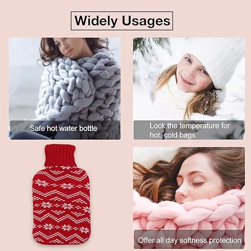 Miniatura 3 de Fydun 1 Liter Large Rubber Hot Water Bottle Knitted Cover Hot Water Bottle for Pain Relief Body Warming Red Deer Wide Range of Uses (Red Snowflake)