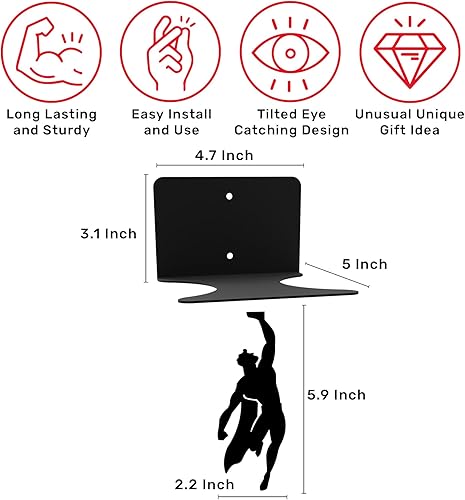 Miniatura 3 de "Superestante" de Artori Design - Estantería flotante de metal con superhéroe en negro, oculta, estantería invisible, estante para libros único,
