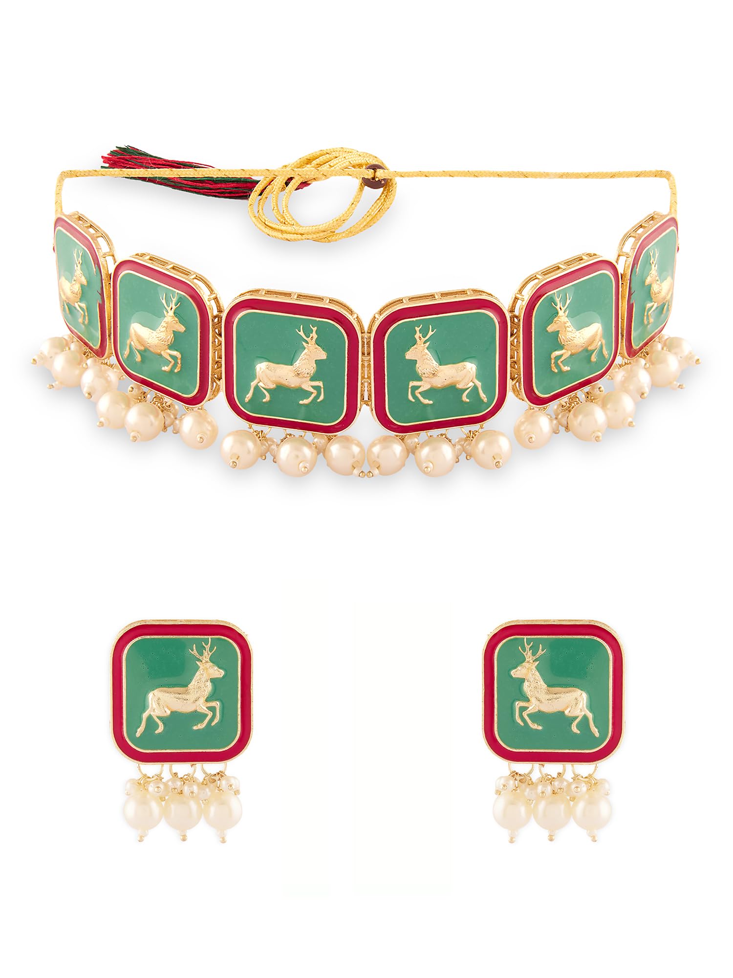ZAVERI PEARLS Mint Green & Pink Meenakari Reindeer Choker Necklace & Earring Set For Women-ZPFK18082 (B0D3DBRM5H) Amazon Price History, Amazon Price Tracker