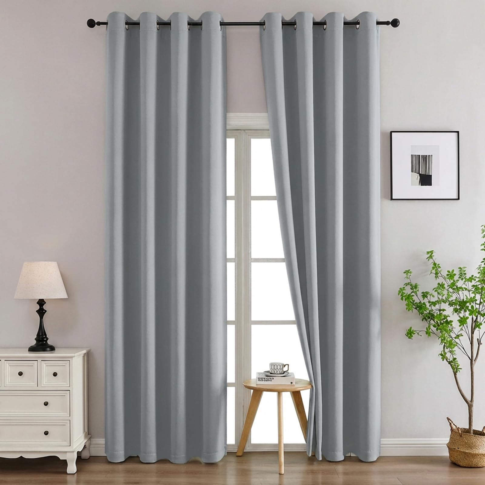 Simplebrand Silver Grey Curtains for Bedroom Living Room 96 Inches Long 2 Panels Set, Room Darkening Thermal Insulated Curtains &amp; Drapes, Solid Grommet Noise Reducing Window Treatment, W50 x L96 Inch