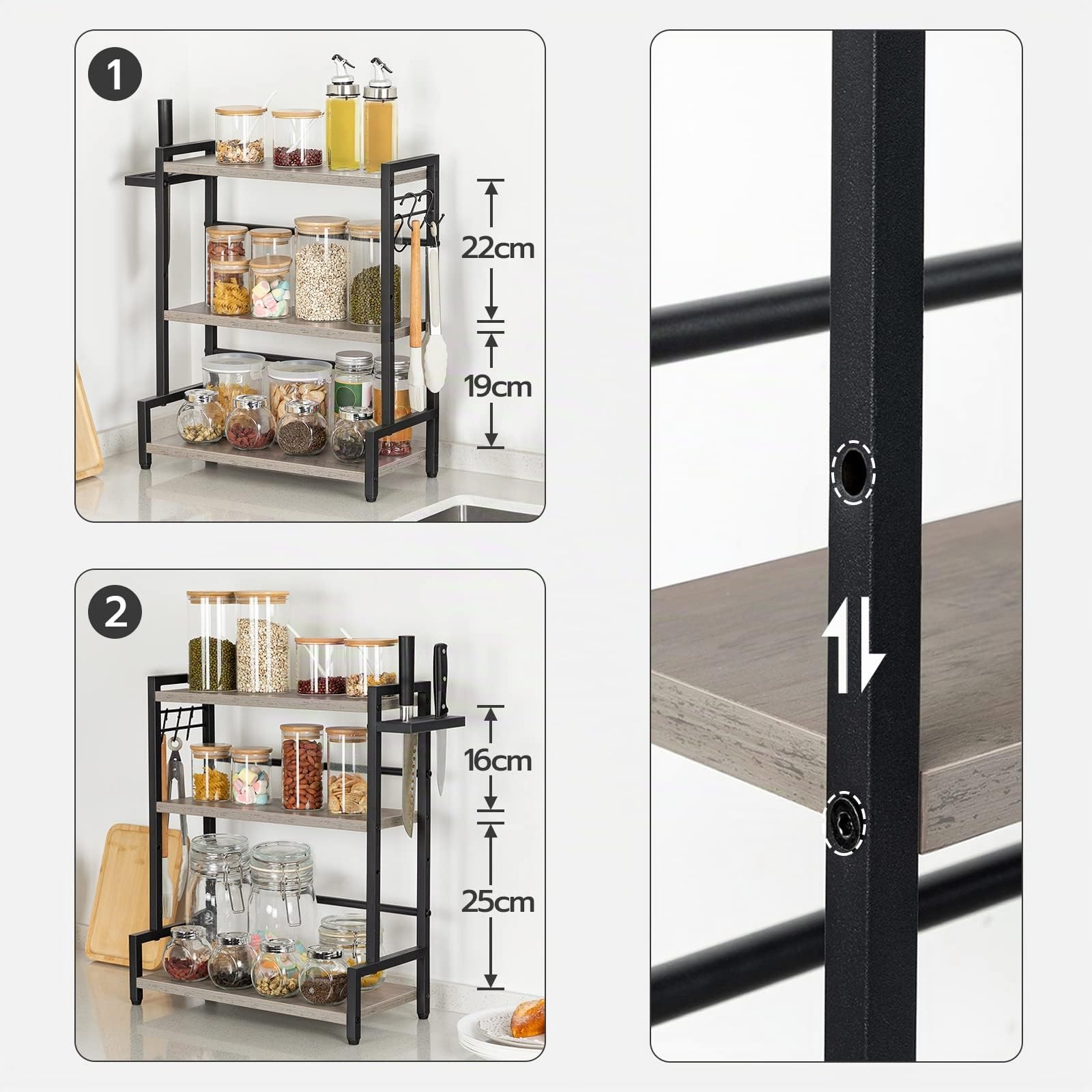 HOOBRO Spice Rack, Spice Rack with 3 Hooks, 3 Tier Kitchen Organizer, Spice Rack with Knife Rack, Adjustable Feet, for Dining Room, Greige and Black, EBG01TL01