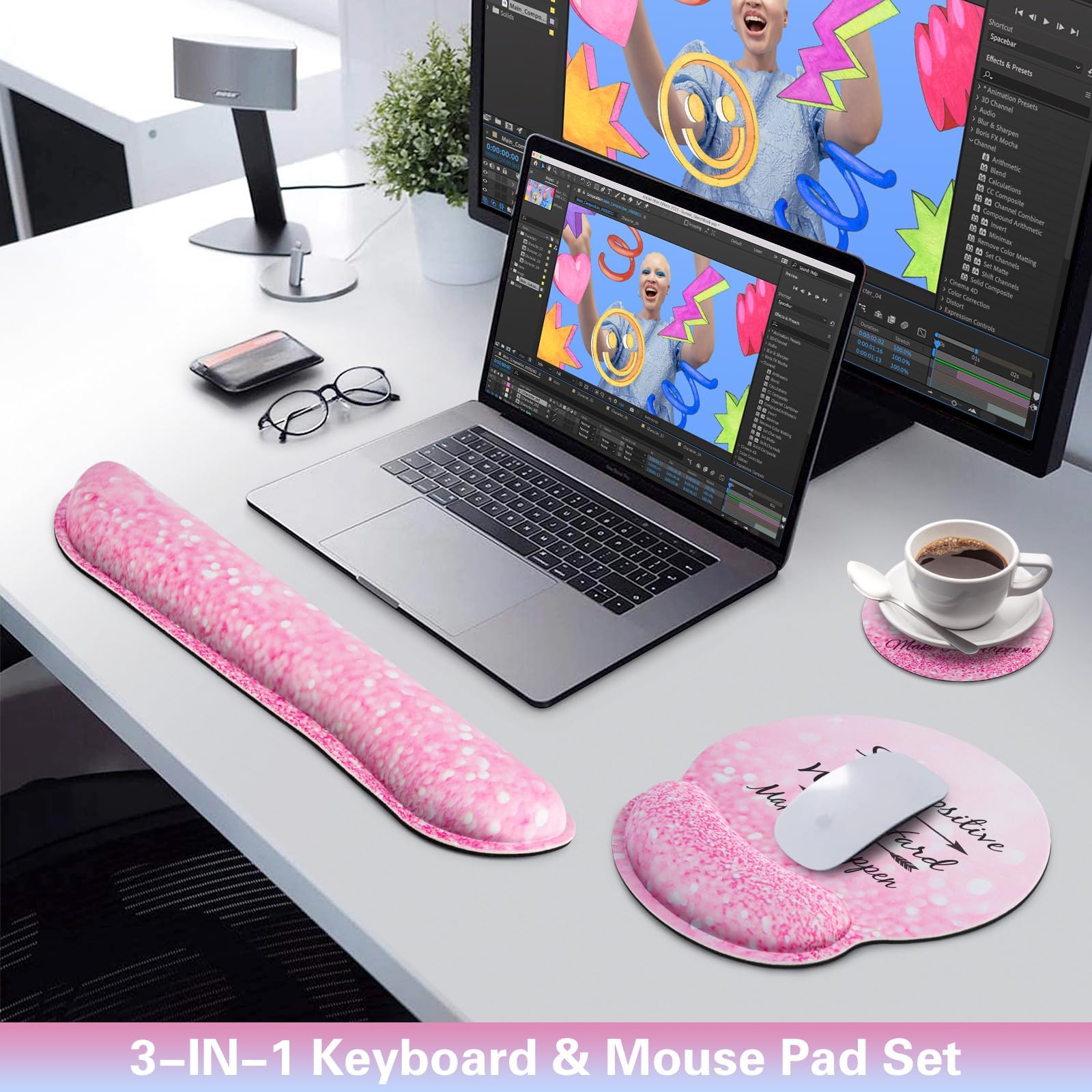 3-in-1 Sottomano Scrivania Set,Acezeek Poggiapolsi Tastiera,Tappetino Mouse Poggiapolsi,Tazza Pad,Ergonomico Mouse Pad,Tappeto Mouse con Memory Foam,Polso Dolore Relief Per Giochi,Uffici,Dormitori