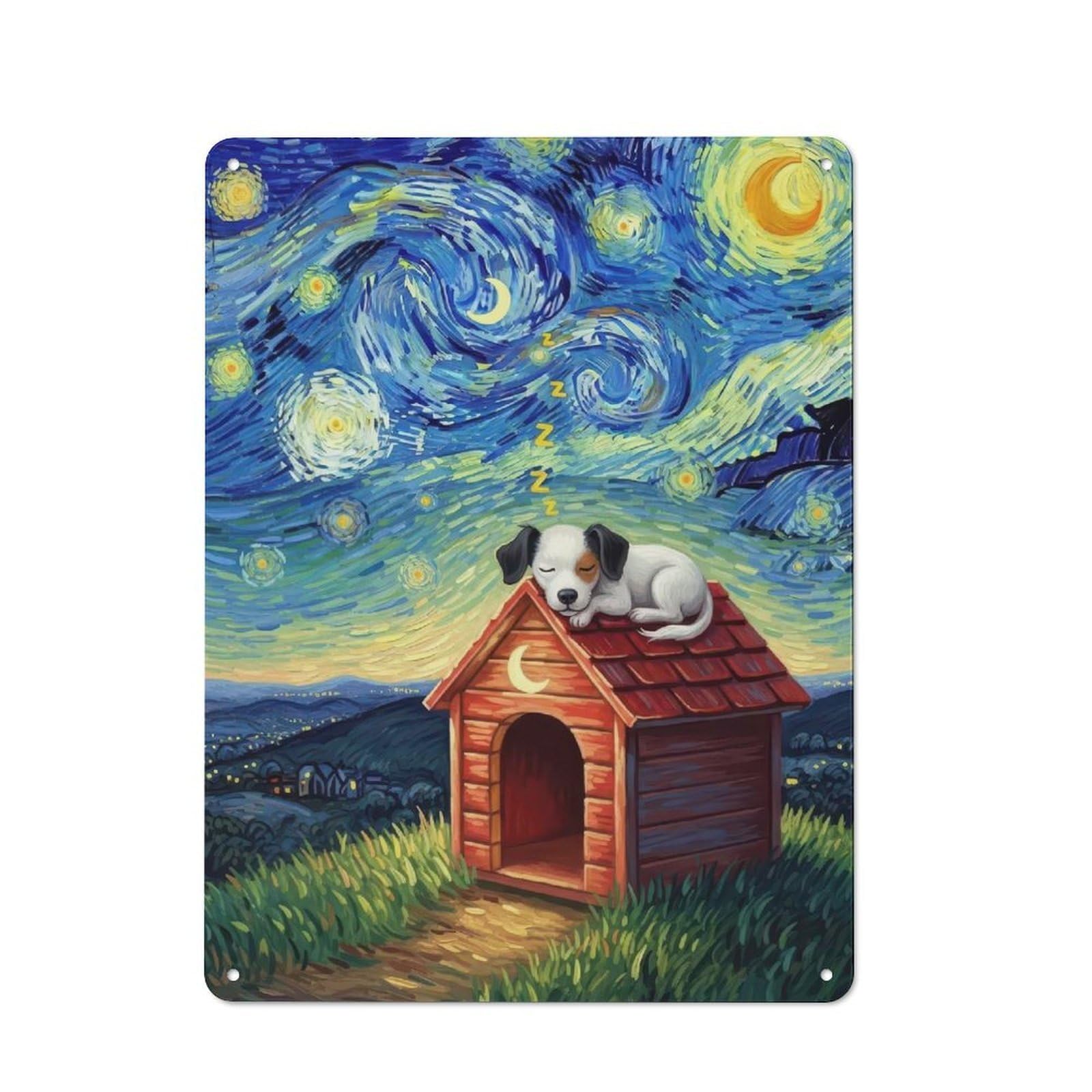 Tin Wall Plaque 40x30cm with Dog Sleeping on Doghouse, Starry Night for Pub Or Café, for Hospitality Wall Decor Collectors