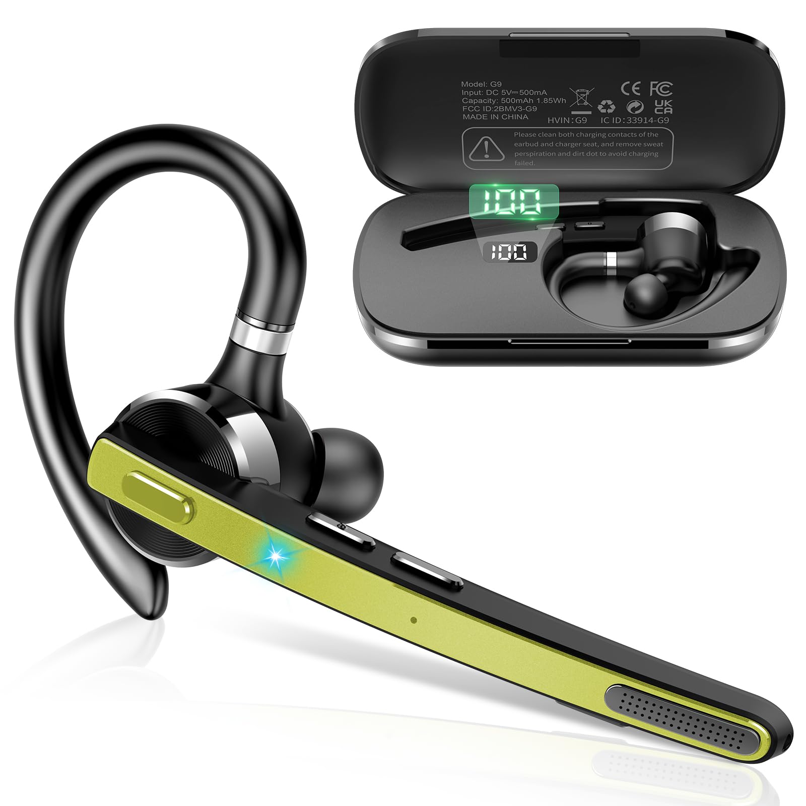 Thunelec Auriculares Manos Libres, 90 Horas aptx Auricular Bluetooth Mono con Doble Mic Cancelación de Ruido, Conexión Dual, Botón Mudo, Auriculares Manos para Camioneros, Negocios y Deporte, Amarillo
