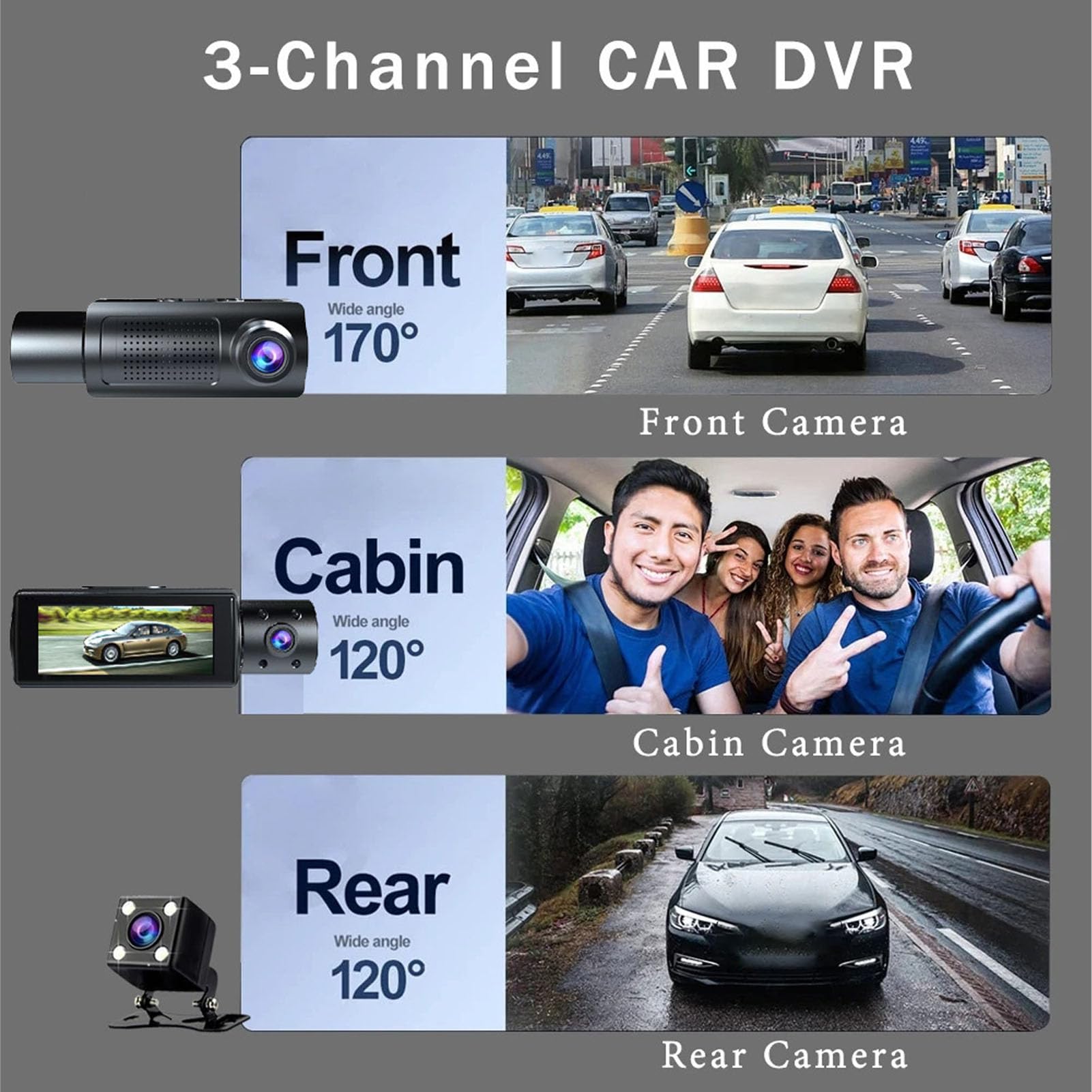 Cámara DVR para Coche Delantera y Trasera 1080P Visión Nocturna, Dash CAM Triple con Modo de Estacionamiento 24H, Sensor G Detección de Movimiento, Grabador de Conducción