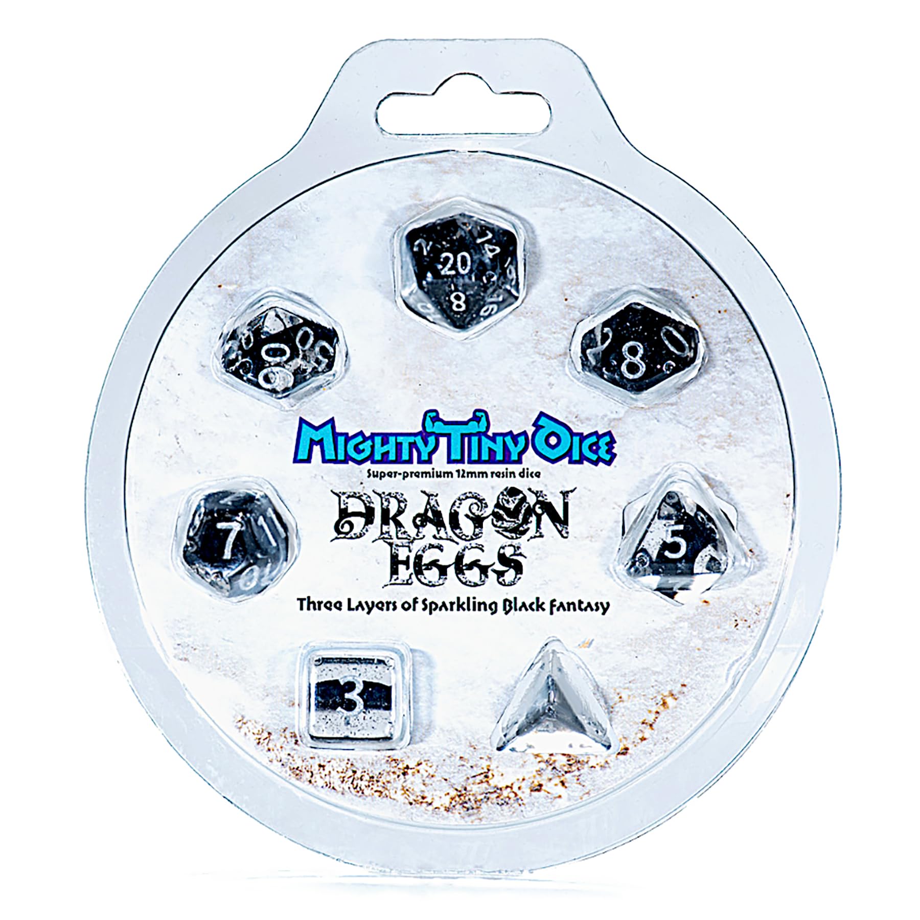 Gate Keeper Games & Dice: Mighty Tiny Dice: Dragon Eggs - 7 pc - RPG Dice Set, 3-Layer Neutron Style, Clear-Silver Glitte...