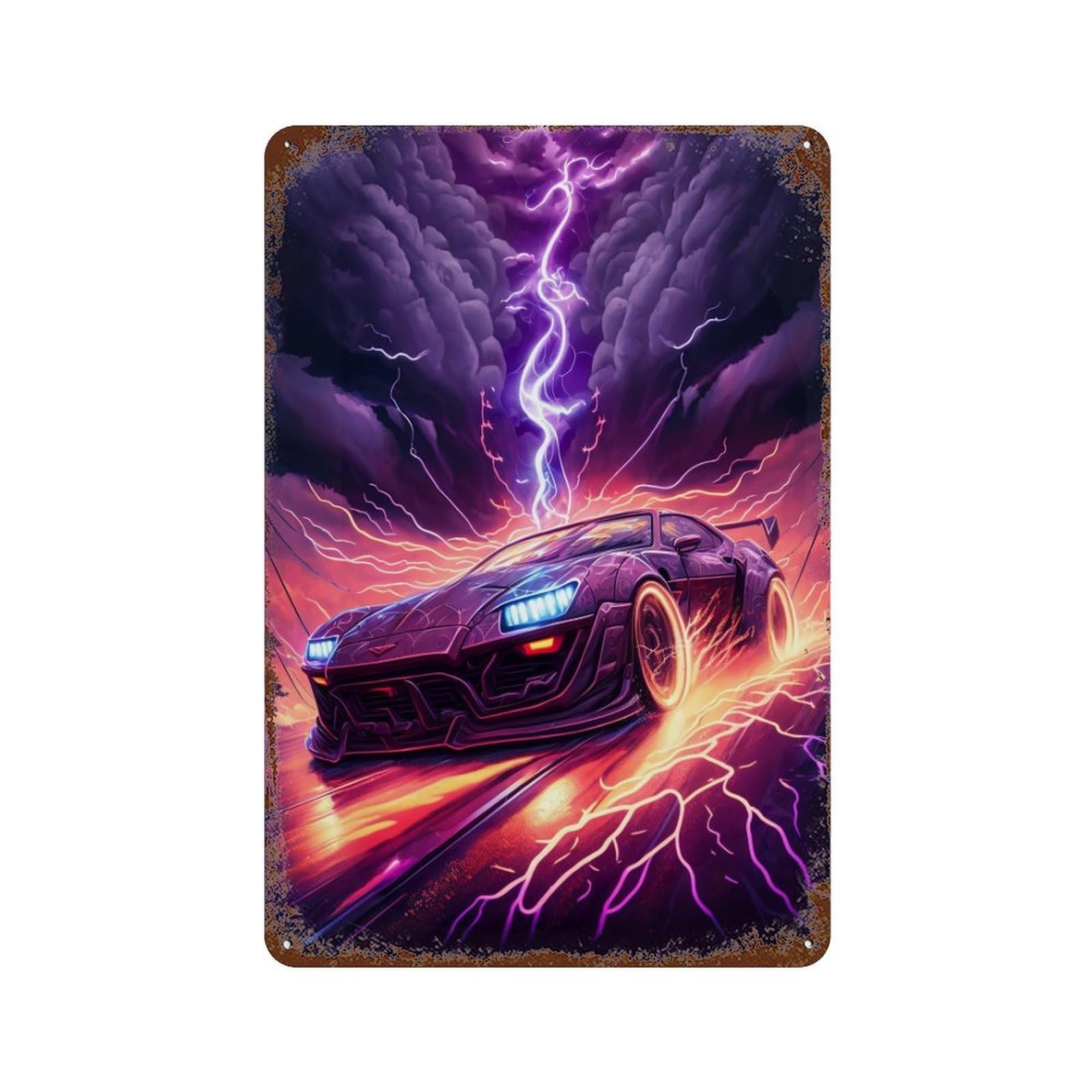 Electric Storm Speedster 11.8"x7.9" Rust Effect Tin Sign, Vintage Wall Decor for Farmhouse, Kitchen And Entryway Decor