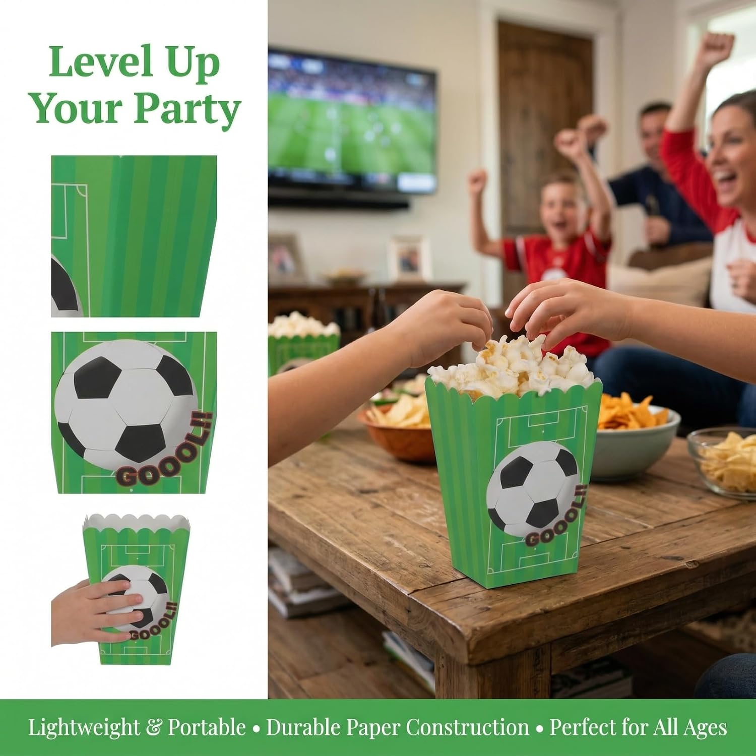 Soccer Party Popcorn Boxes, 30 Pack Green Football Themed Birthday Decorations, Disposable Paper Snack Containers for Sports Events Game Day Celebration