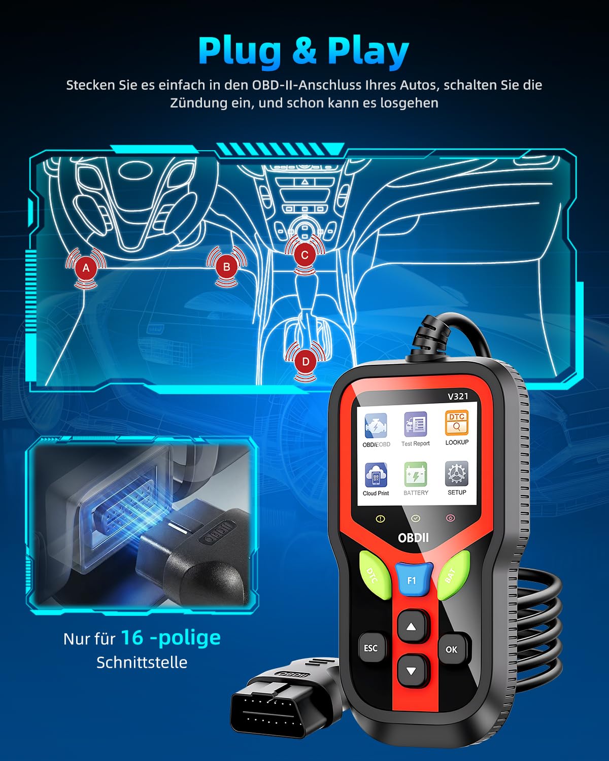 Carehabi OBD2 Diagnosegerät, Diagnosegerät Auto, Auslesegerät Auto für Alle Fahrzeuge seit 1996 & Newer (Schwarz)