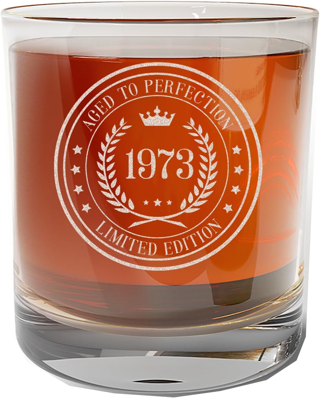 Spotted Dog CompanyVintage 1973 Etched 11oz Whiskey Rocks glass - 50 years old - 50th Birthday Gifts for Men, Decorations Decor, Scotch Bourbon Gift for Him Dad Anniversary Circle